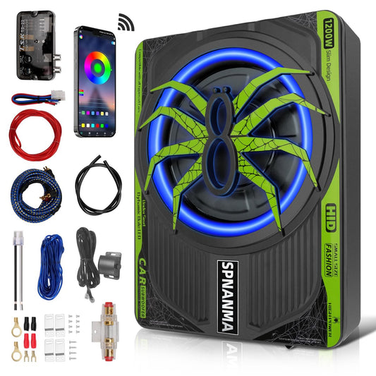 SPNANMA 2025 - Subwoofer y amplificador delgado de 1200 W, 10 pulgadas, para automóvil con luz ambiental, control individual para bajos pasos/ganancias/potenciación, graves de vibración envolvente de