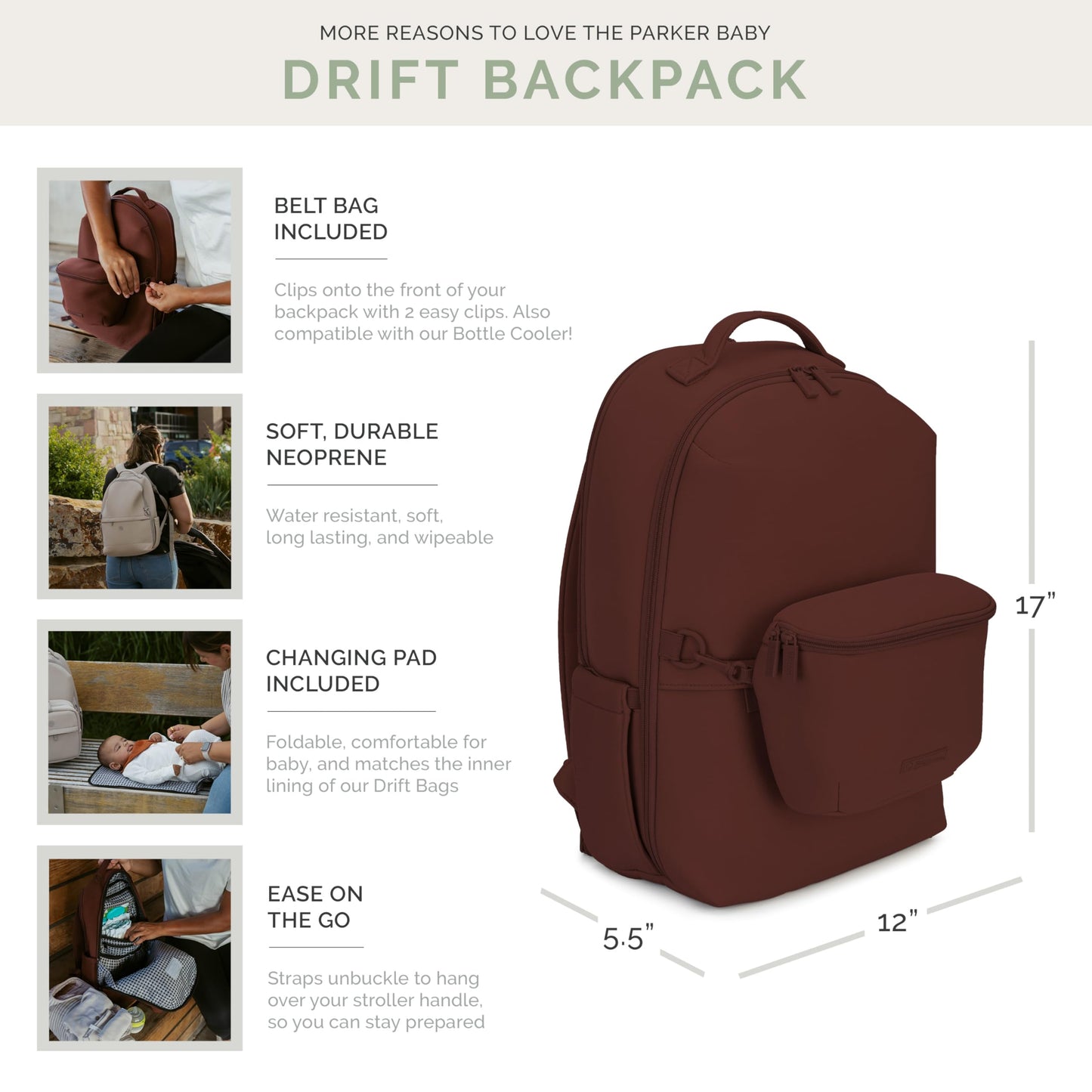 Parker Baby Drift Mochila de neopreno y bolsa para cinturón | Esencial de viaje sin granel con almohadilla para cambiar pañales y correas para carriola, Raisin, Large, Moderno
