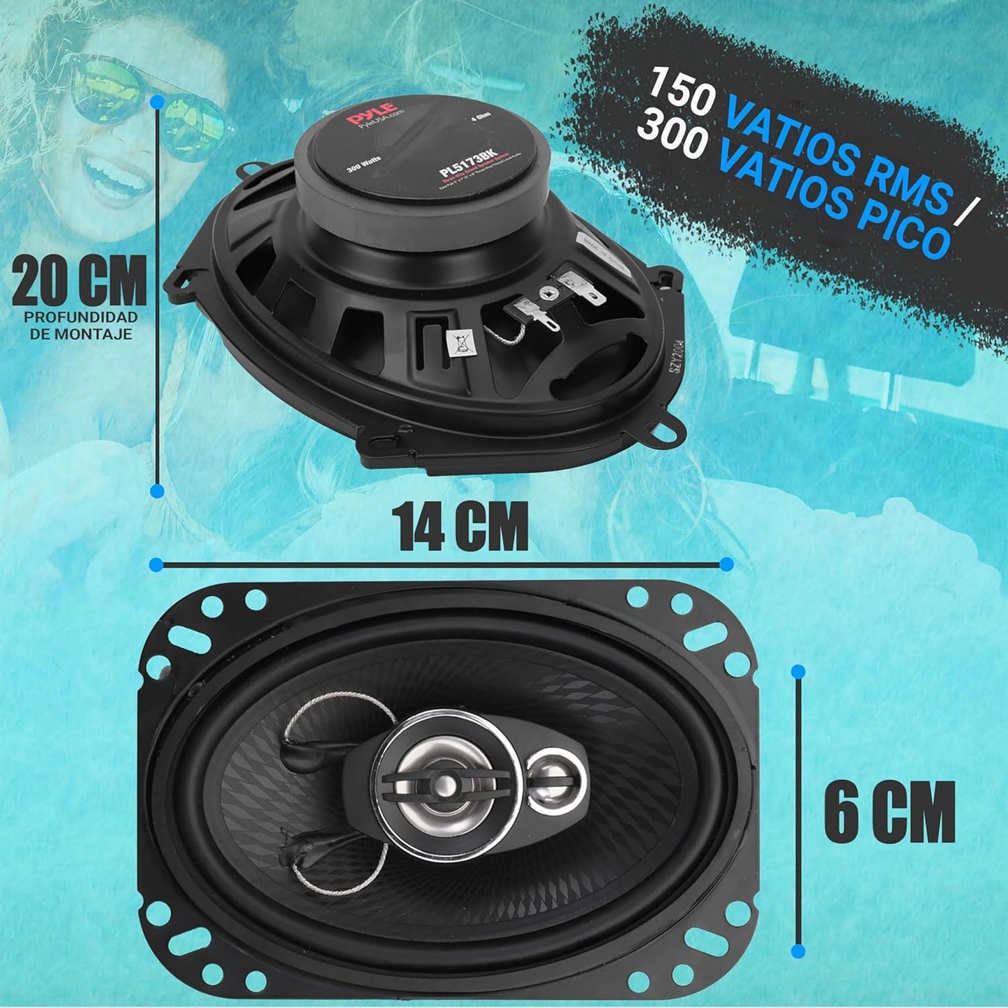 Pyle Par de Bocinas Estéreo para Automóvil 5" x 7", 300W, 3 Vías, Altavoz Triaxial de Audio Profesional para Automóvil, Componente de Reemplazo Rápido Universal para Montaje en Puerta/Panel Lateral
