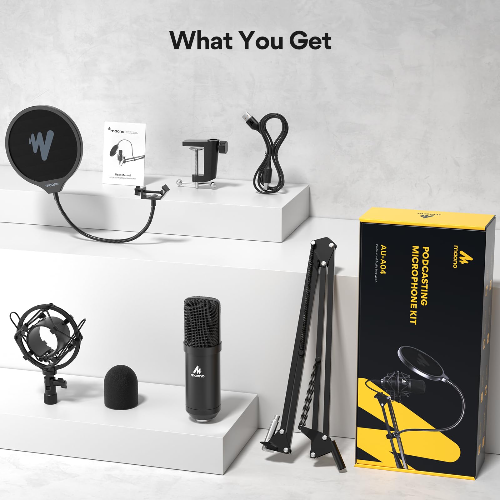 Kit de micrófono USB 192KHZ, 24BIT Plug & Play MAONO AU-A04 USB para computadora cardioide micrófono podcast condensador (Reacondicionado)