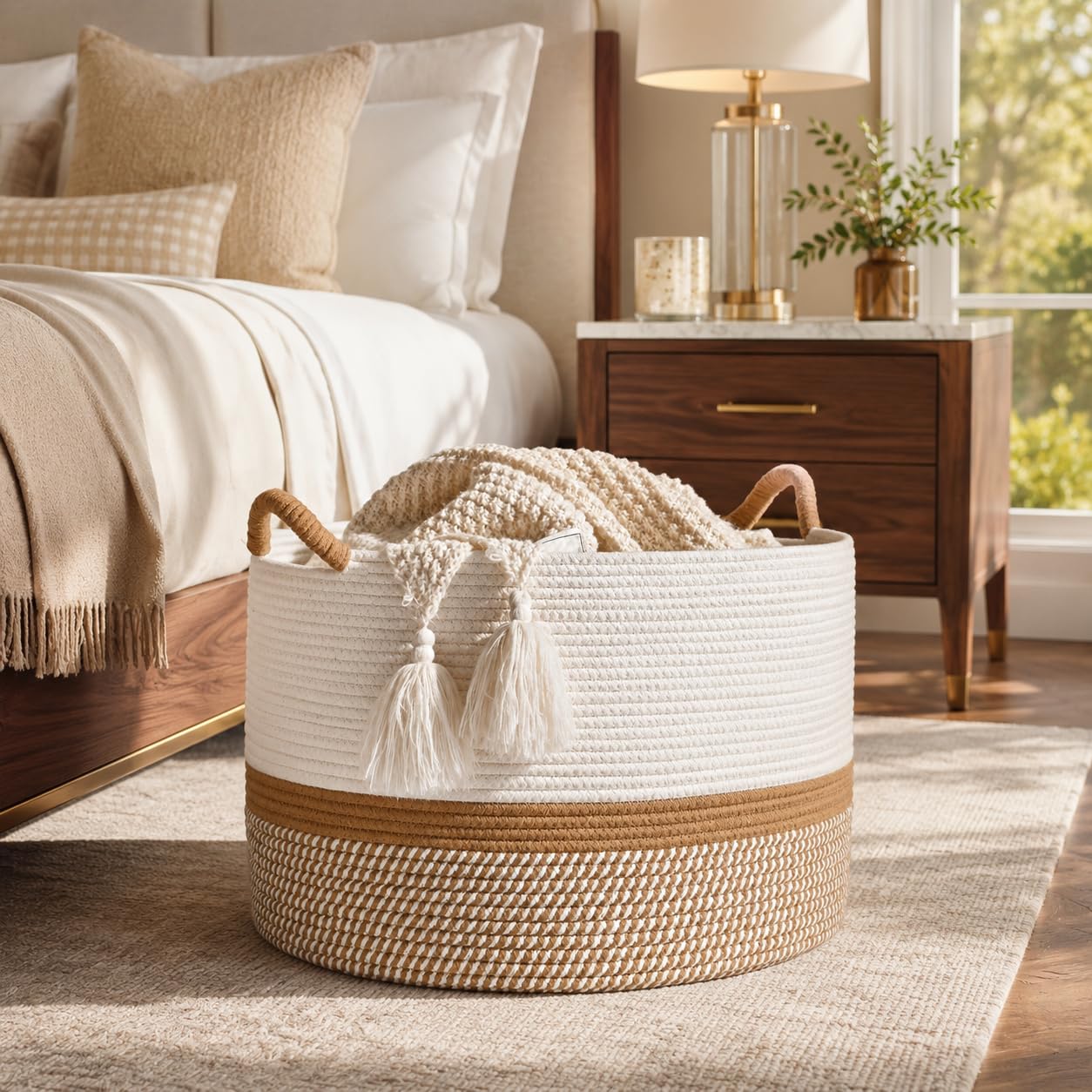 KAKAMAY - Cesta de manta grande (50.8 x 33.02 cm), cestas tejidas para almacenamiento de ropa de bebé, cesta de manta de cuerda de algodón para sala de estar, lavandería, guardería, almohadas, pecho
