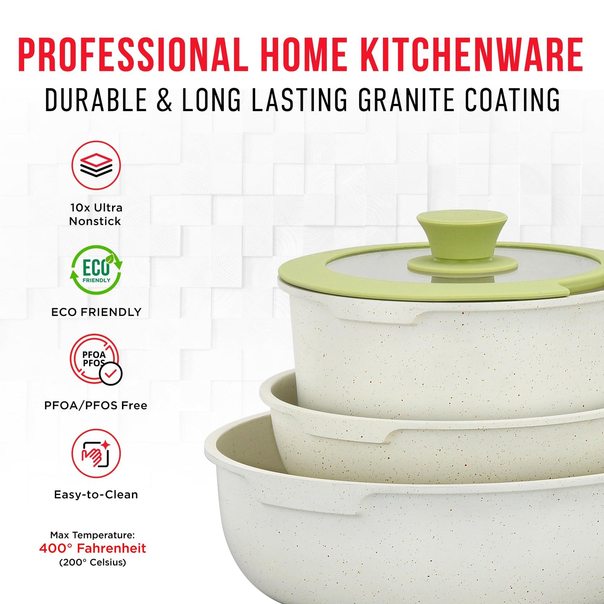 Bakken 15-Piece Non-Stick Cookware Set with Detachable Handles – Granite Stackable Pots and Pans Set, Dish Washer Safe, Oven-Safe, and Compatible Kitchen Essential for All Stoves – Green/Cream