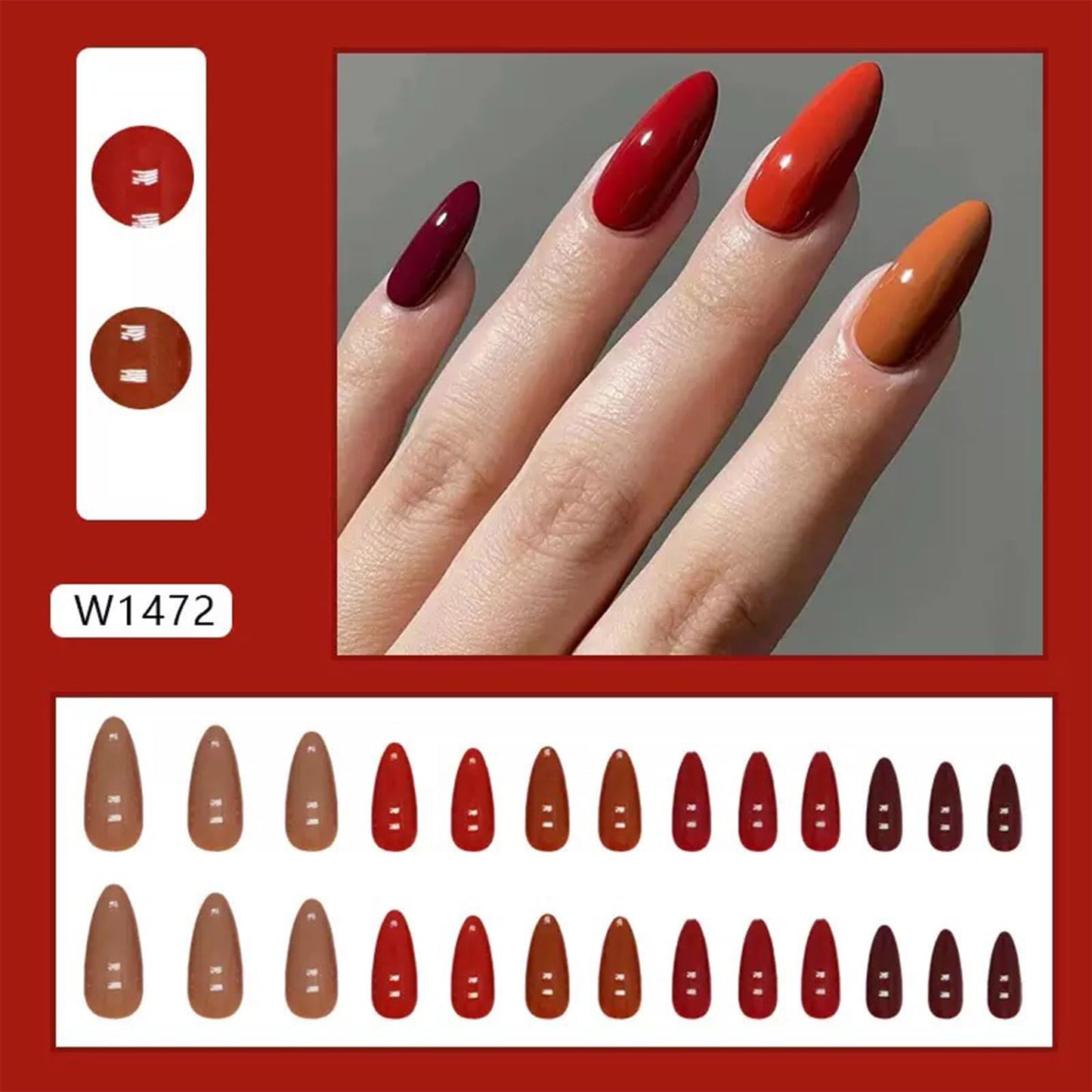 CLYHLTMZ 24 uñas postizas cortas color almendra vino tinto que cambian gradualmente, cobertura total, opacas, reutilizables, acrílicas, adhesivas, removibles, kit de 12 tamaños para mujeres y niñas.