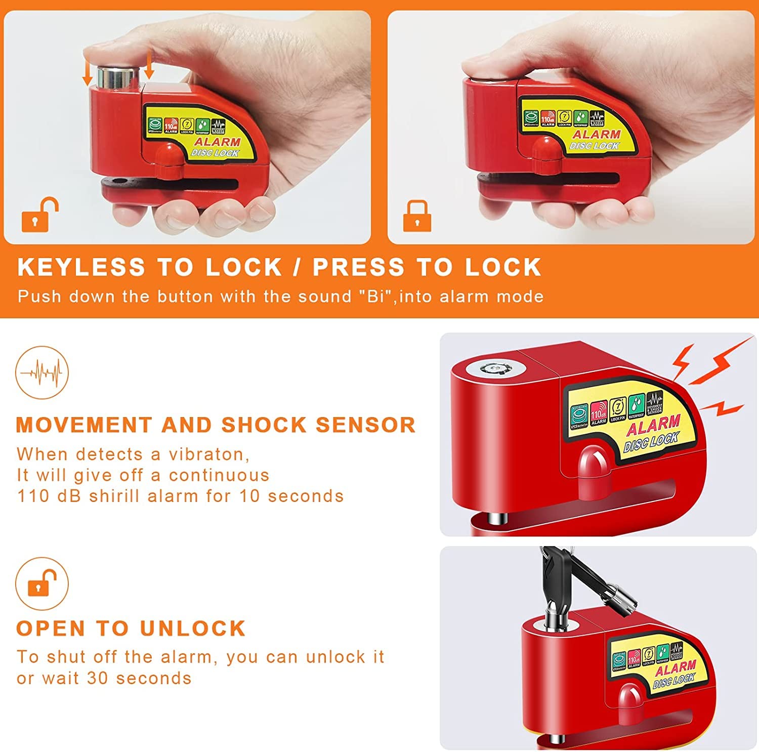 Candado de Alarma Impermeable PERANNU Rojo con Bloqueo de Freno de Disco y Alerta de 110 dB para Moto, Bicicleta y Scooter