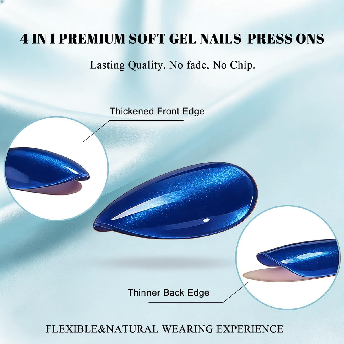 JOYVVEW Uñas postizas cortas con forma de ojo de gato - Uñas postizas ovaladas azul real, uñas postizas almendradas glaseadas con acabado brillante, calidad resistente, reutilizables, brillantes y adh