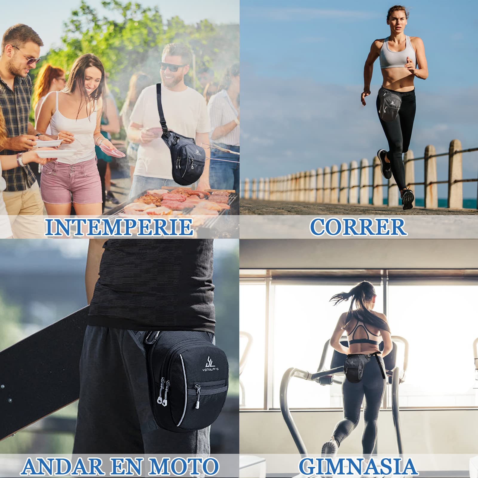Cangurera Deportiva de Viaje, Bolsa de Pierna, Hombre riñonera Mujer, Cintura Pack Bolso de Paquete Tela Impermeable Amplia Capacidad, 3 bolsillos y 1 extensión con cremallera para Ciclismo Correr…