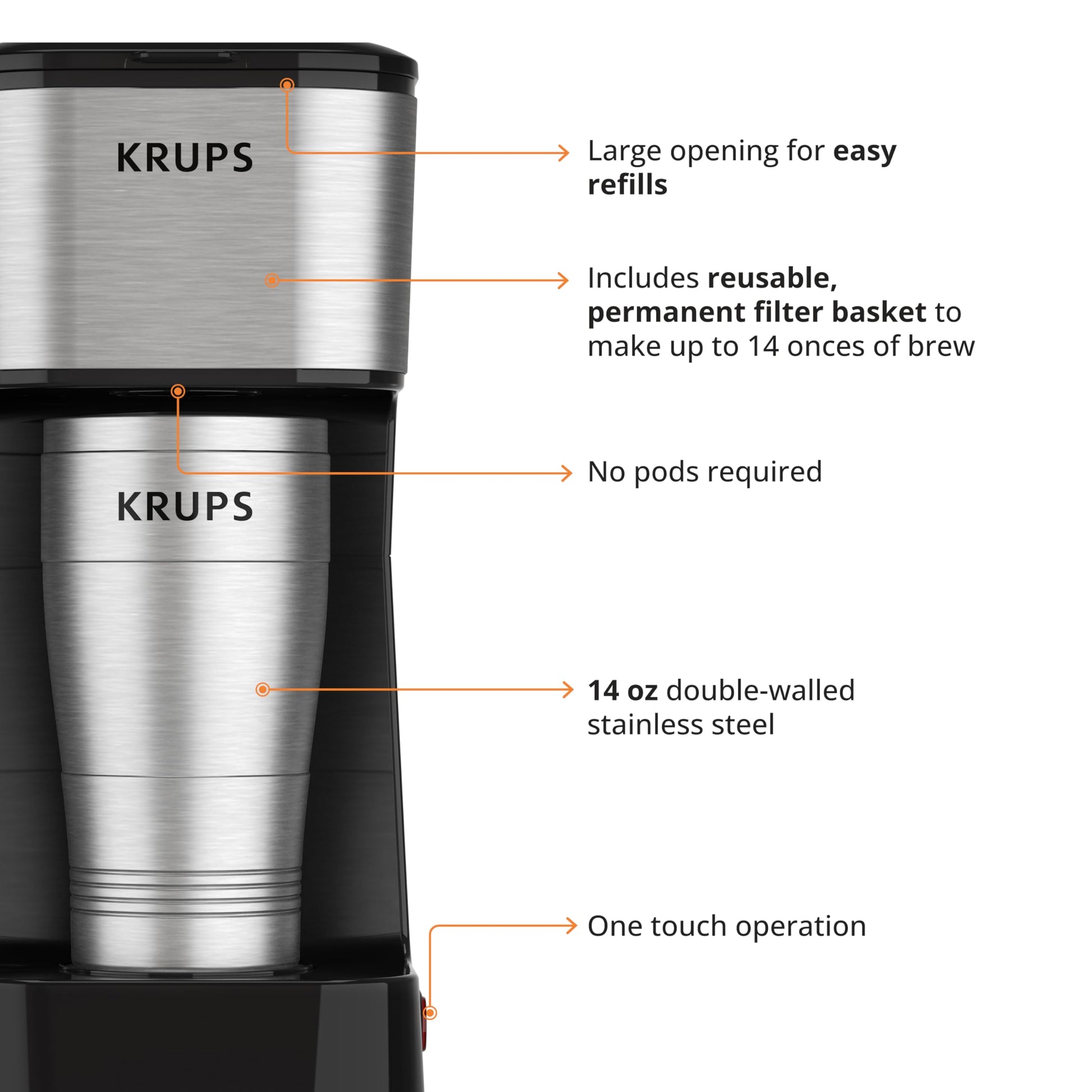 KRUPS Cafetera Personal To Go, tu café en cualquier lugar en todo momento, ideal para uso personal con termo portátil, capacidad 400 ml,KM206D50