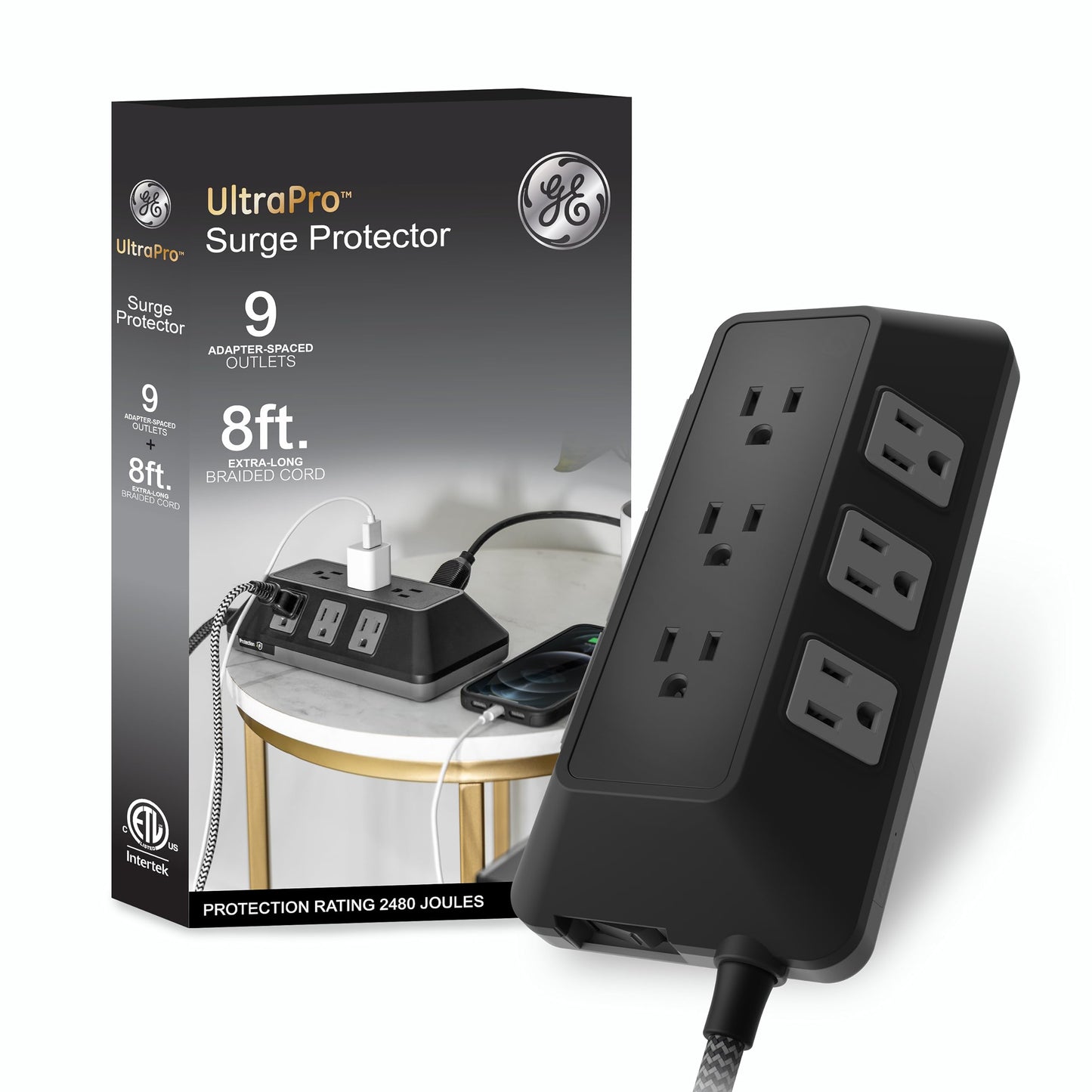 GE UltraPro Adapt - Protector de sobretensiones de 9 Tomas, Cable Trenzado de 8 pies, Protector de sobretensión, Tira de alimentación de protección contra sobretensión, 2480 Julios, Negro, 73774
