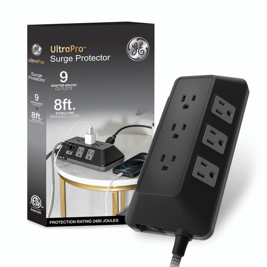 GE UltraPro Adapt - Protector de sobretensiones de 9 Tomas, Cable Trenzado de 8 pies, Protector de sobretensión, Tira de alimentación de protección contra sobretensión, 2480 Julios, Negro, 73774