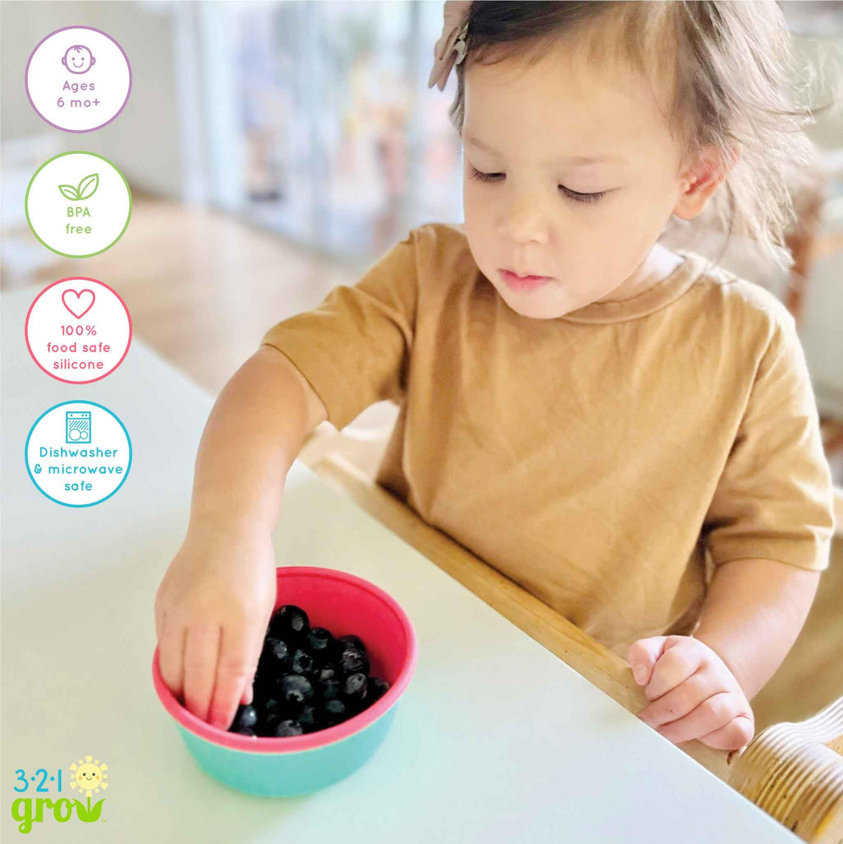 321 Grow Easy Scoop & Hold Bowl Set • tazón de silicona para bebés, niños pequeños • Juego de 2 cuencos | 6 meses | Apto para lavaplatos y microondas (medianoche)