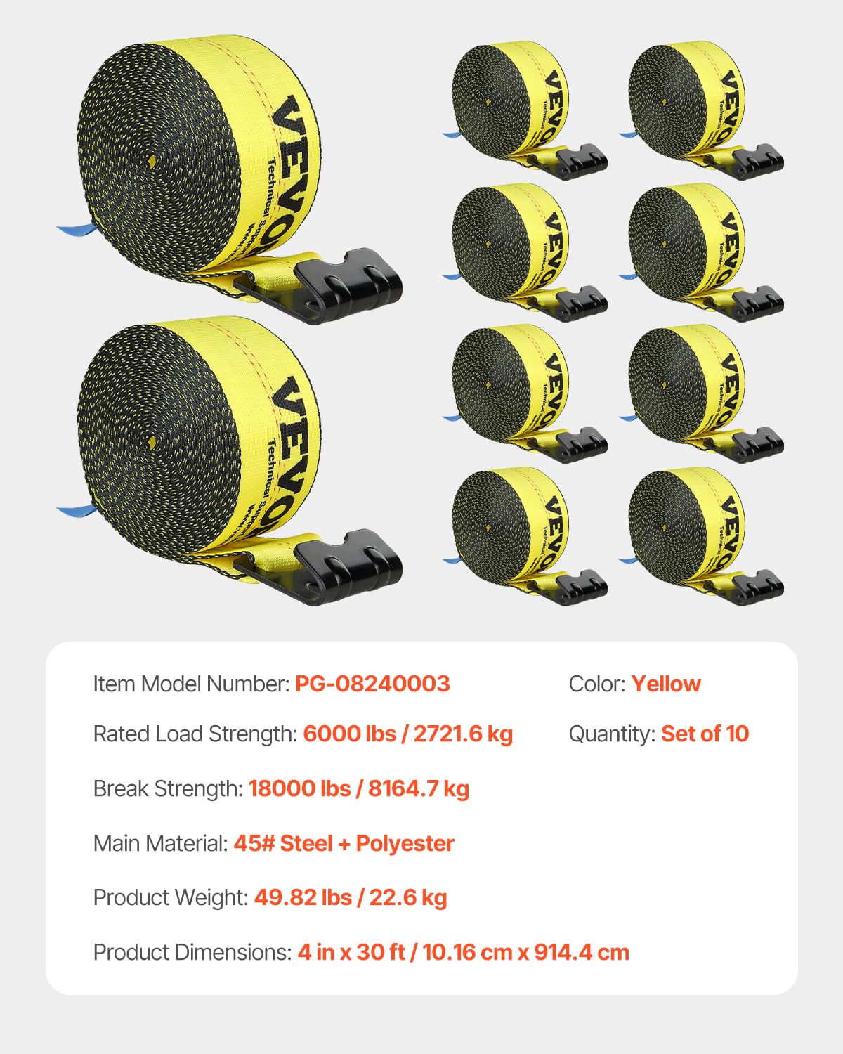 VEVOR - Correas para camión, 4 x 30 pies, Amarre Resistente con Ganchos Planos de 18 Libras, Resistencia a la Rotura, WLL# 6000 Libras, Correas de Carga amarradas para Camas Planas, Camiones,