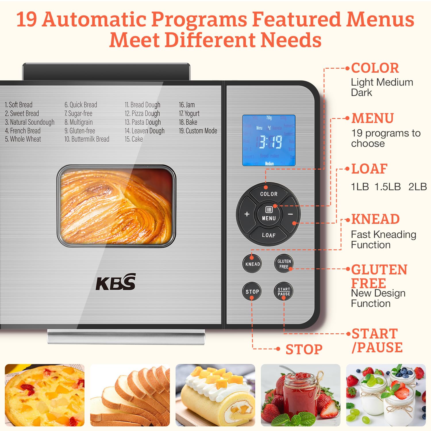 KBS Máquina de pan de 2 libras, máquina de pan automática 19 en 1 de acero inoxidable con sartén de cerámica, temporizador de 15 horas y 1 hora para mantener caliente, masa madre, sin gluten, máquina