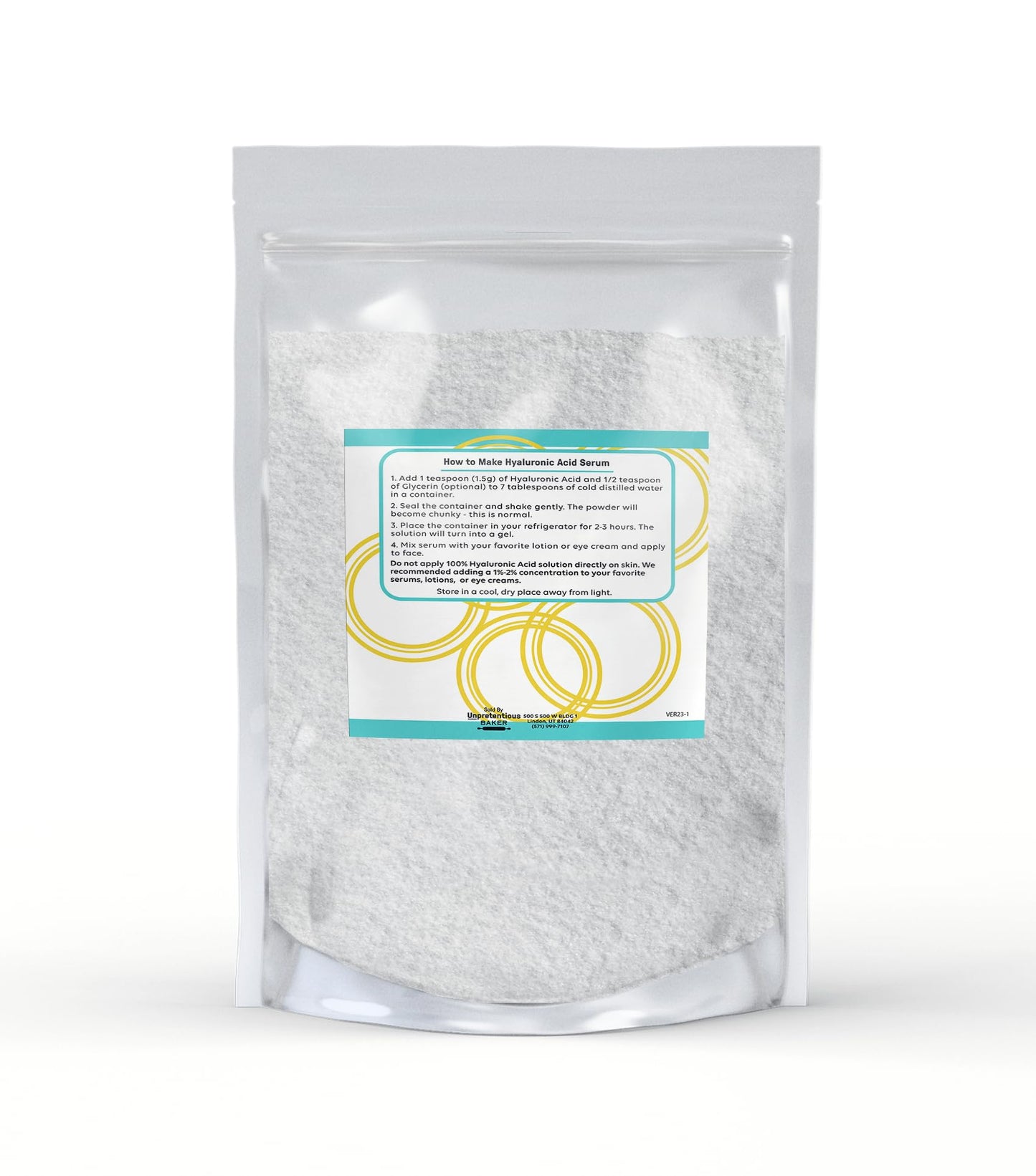 Polvo Ácido Hialurónico Sin Pretensiones Bolsa Transparente Resellable Grado Alimenticio y Cosmético 29.57ml