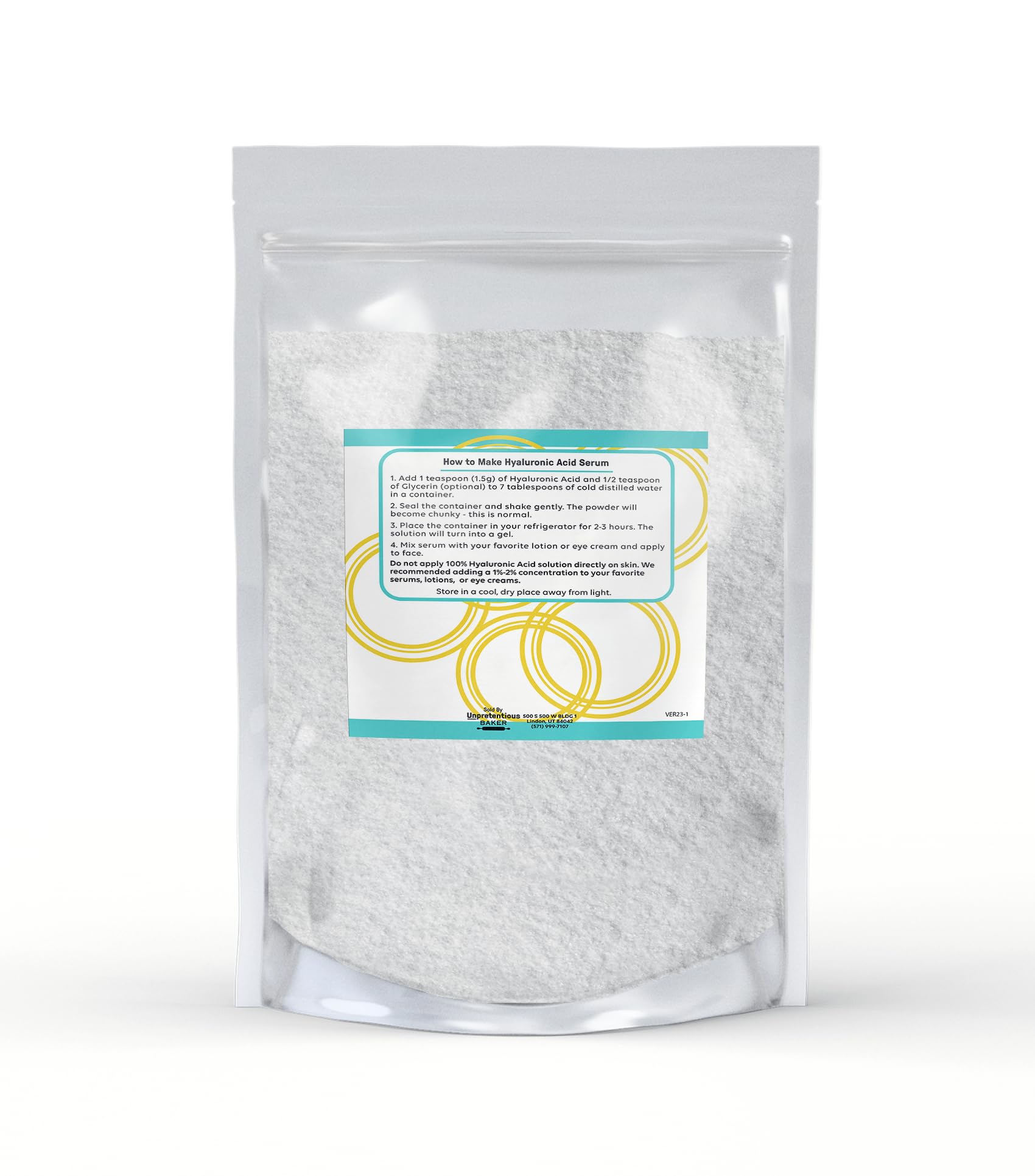 Polvo Ácido Hialurónico Sin Pretensiones Bolsa Transparente Resellable Grado Alimenticio y Cosmético 29.57ml