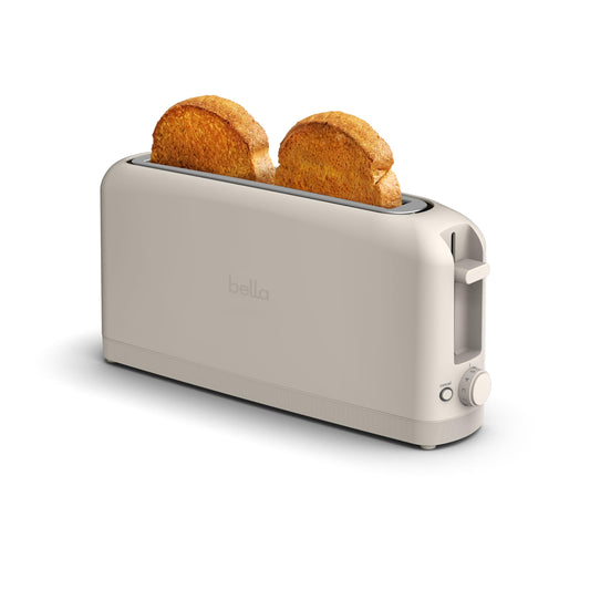 Bella tostador delgada de 2 rebanadas, se adapta a cualquier lugar™, control de sombra de 6 ajustes con botones de recalentamiento y cancelación, bandeja extraíble para migas, ranura de 10 pulgadas de