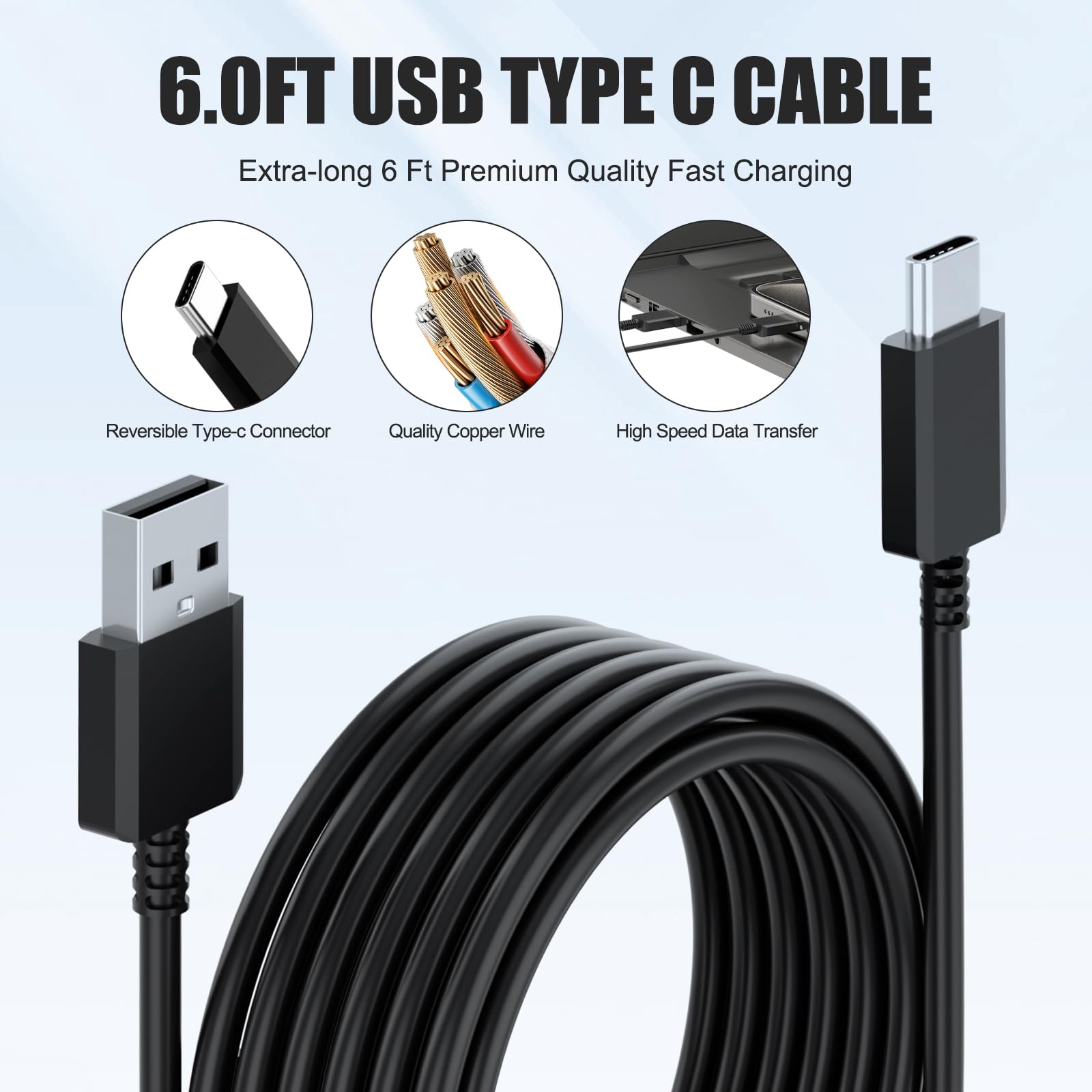 Cargador rápido adaptativo con cable tipo C de 6 pies para Samsung Galaxy S10/S10e/S10 Plus/S9/S9 Plus/S8/S8 Plus/A13/S23/A30/A31/A32/A50/A51/A52/A53/Note 20/Note 10/Note 9/S20/S21/S2222 2-(2-2