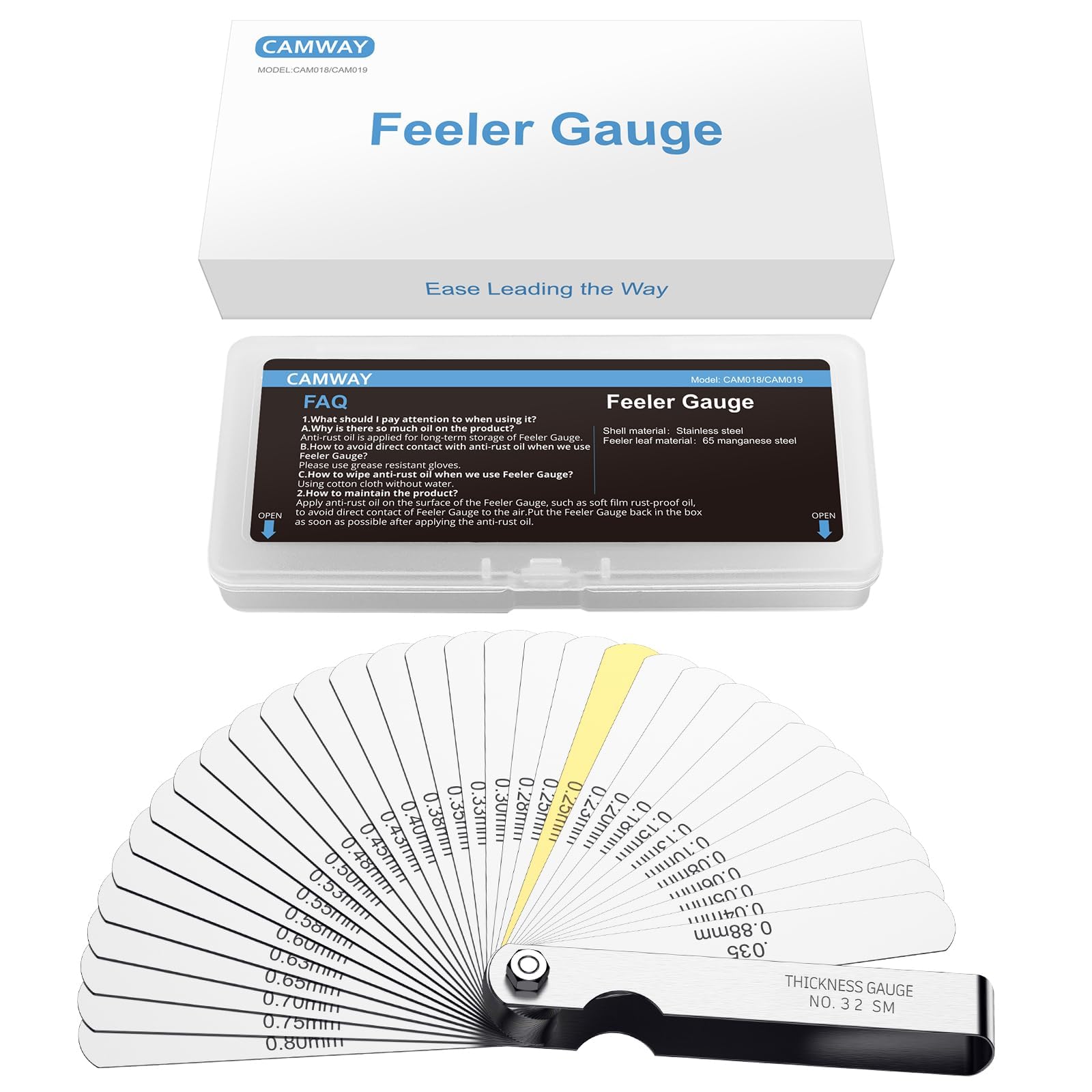 CAMWAY - Calibre recto de 32 cuchillas – Medidor de grosor métrico de 0.04-0.88 mm, herramienta de medición de grosor de ancho de brecha de precisión de acero para válvulas, bujías, pistón, guitarra