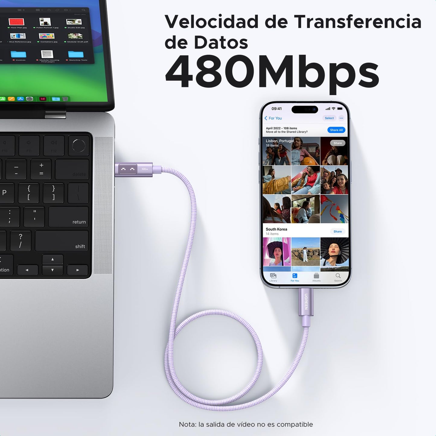 Cable USB C UGREEN Púrpura Carga Rápida PD 3.0 100W 2M Compatible con MacBook Pro Air, iPad, iPhone, Galaxy, Pixel