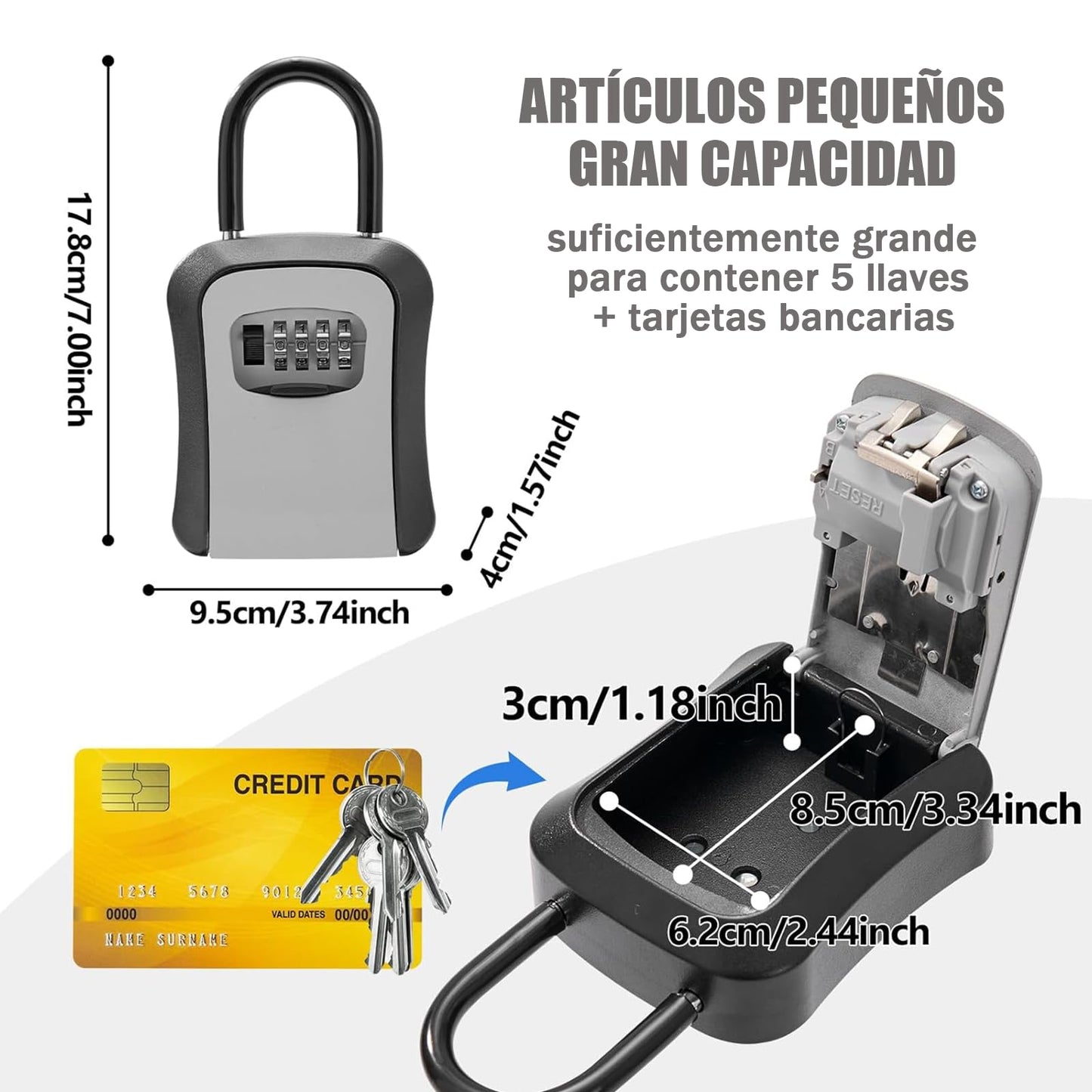 Caja de Llaves Aleación con Gancho,Caja Fuerte De Almacenamiento con Candado de Combinación Montada Pared para Llaves,Adecuado para Hogar,Oficina,Almacenamiento de Llaves de Repuesto (Gris)