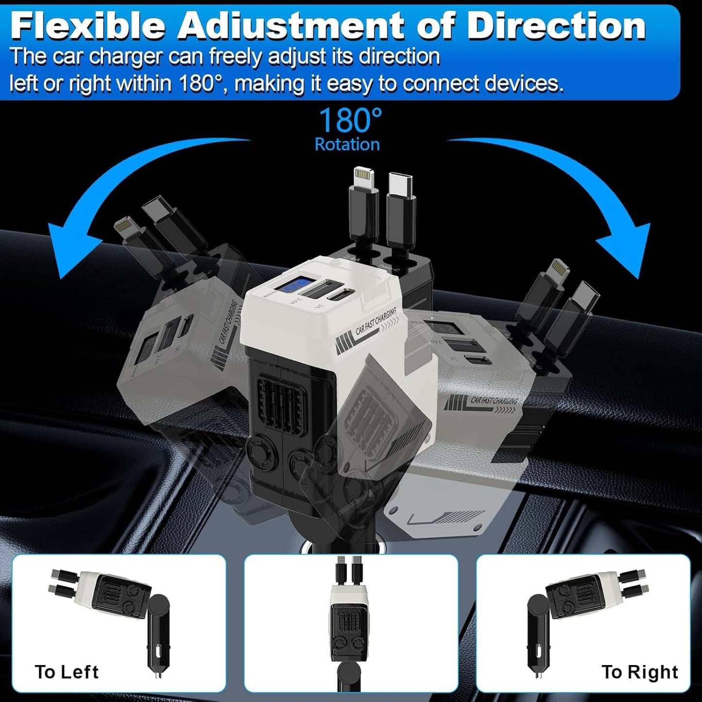JIEYOUTA Cargador para Auto Tipo C 4 en 1-120W Carga Rápida, Incluye 2 Cables Retráctiles y 2 Puertos USB, Adaptado para iPhone16/15/14/13, Huawei, Xiaomi, iPad y Otros Android