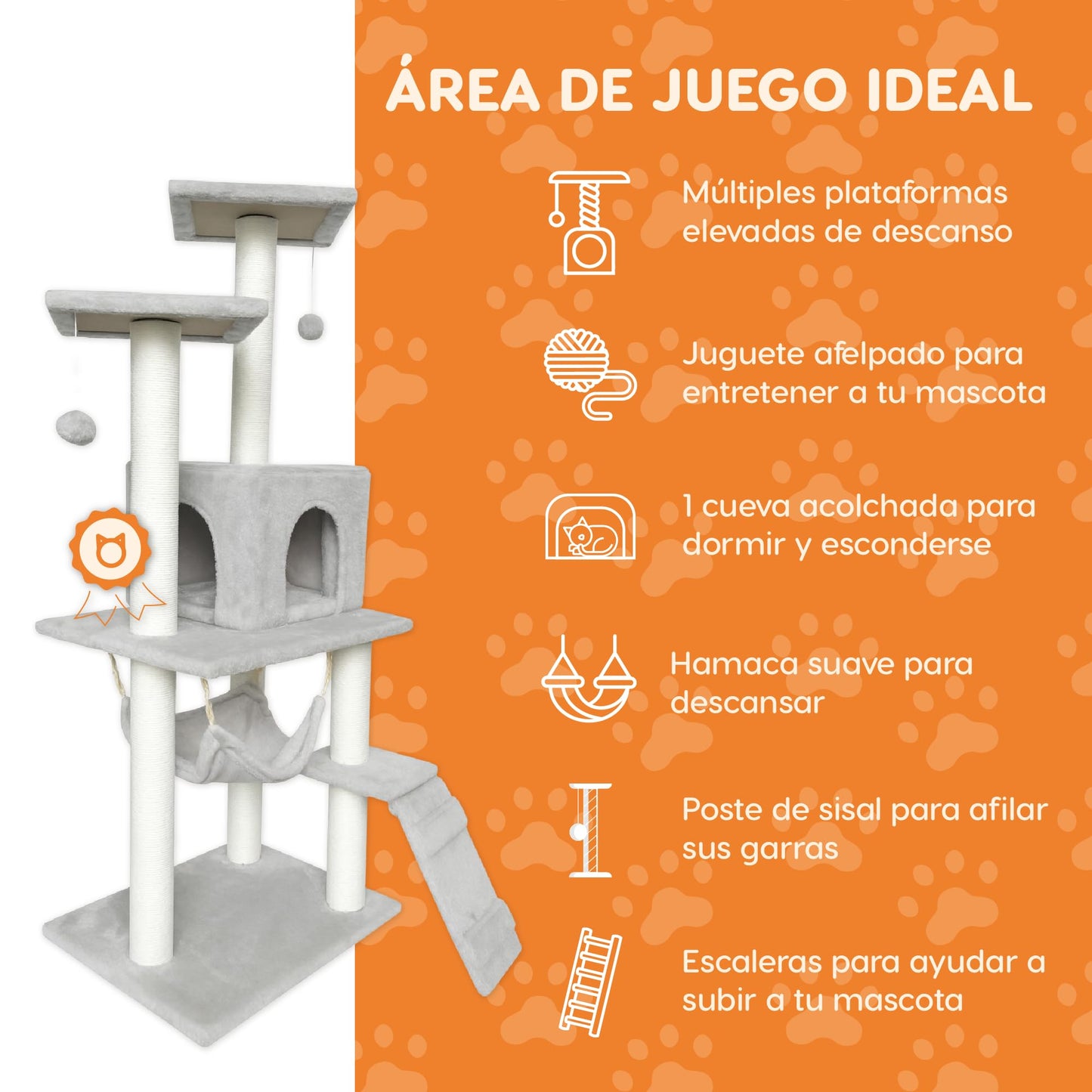POLI PETS Rascador para Gatos Persa, Árbol para Gatos con Escalera, Escondite y Hamaca, Estructura Cubierta de Sisal y Felpa, Seguro, Cómodo y Duradero, Castillo para Gatos 125 X 50 X 40cm (Gris)