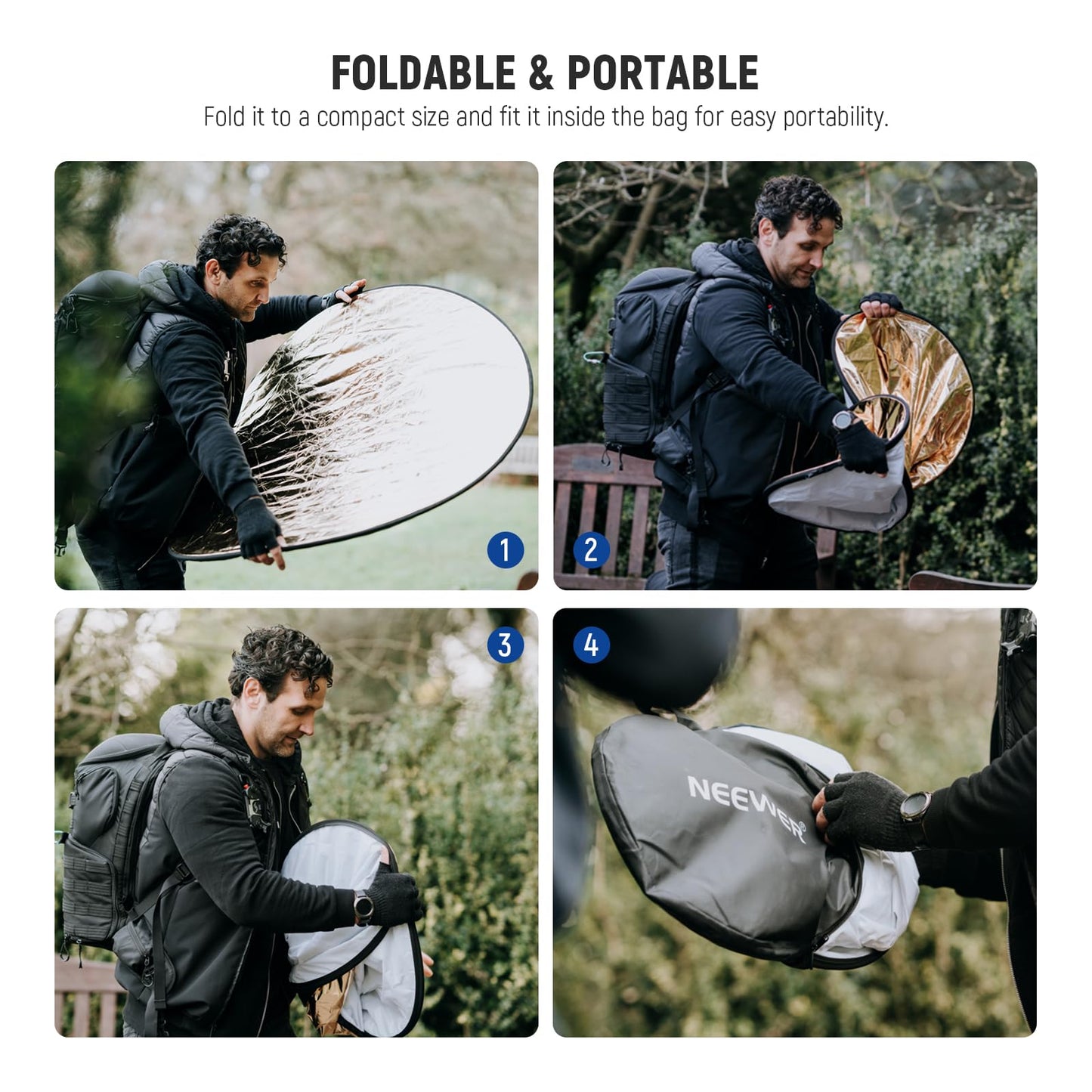NEEWER 51"/130cm Difusor Reflector de Luz Multidisco Plegable 5 en 1 con Bolsa - Translúcido, Plata, Oro, Blanco y Negro para Iluminación de Fotografía de Estudio al Aire Libre, RF-130