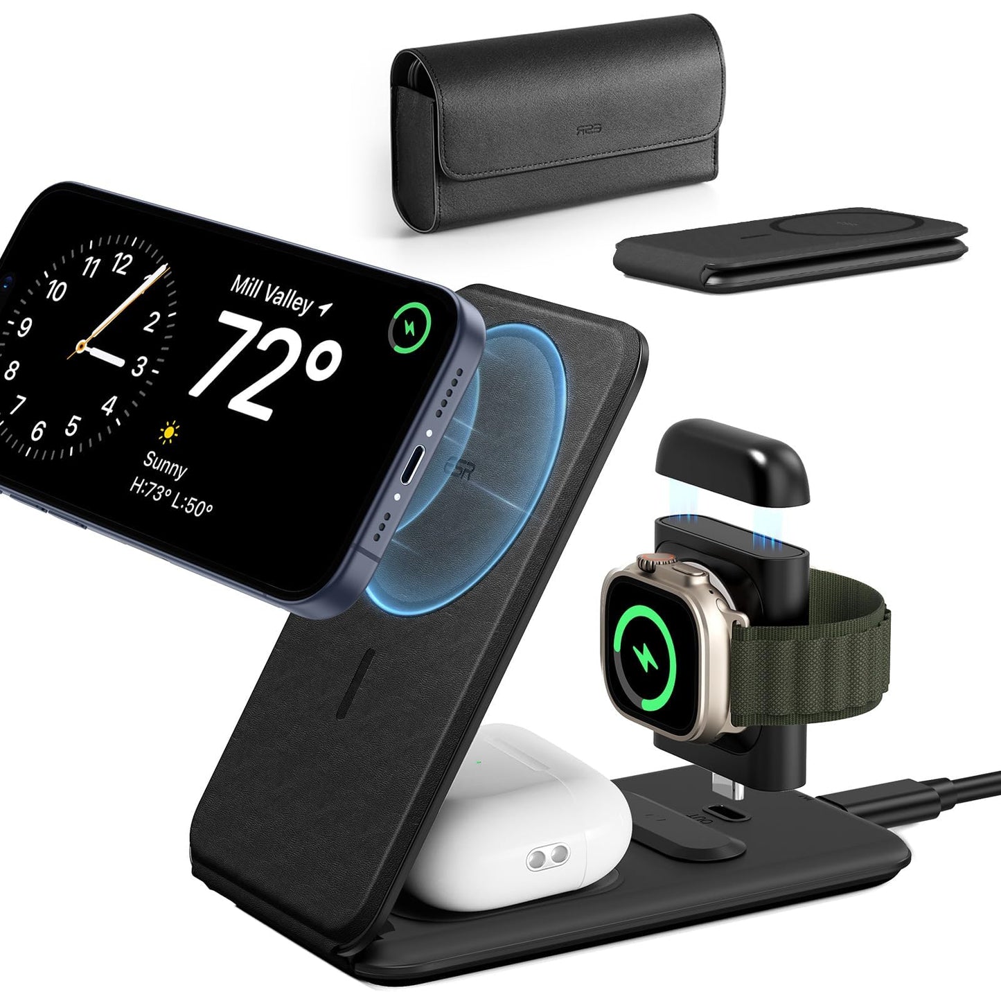 ESR - Cargador 3 en 1 para Magsafe, Soporte de Cargador de Viaje para Magsafe, Fabricado para Apple Watch Certificado, estación de Carga Plegable Compatible con Magsafe y iPhone 15/14/13/12, AirPods