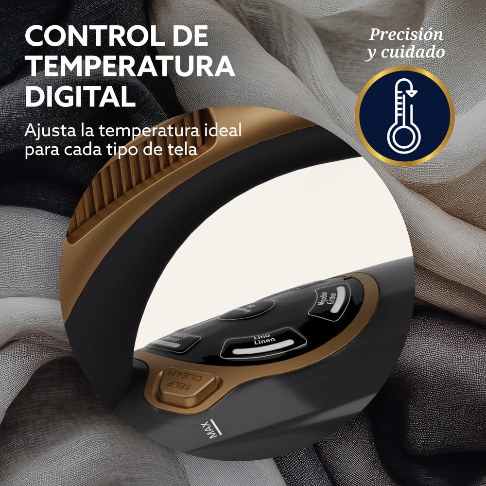 Oster Plancha de Vapor, PressXpress Max S9200, Digital, Golpe de Vapor 300 g/min, Suela XL Cerámica con Diamante, Vapor Vertical, Antigoteo, Bronce, GCSTPX9200-013