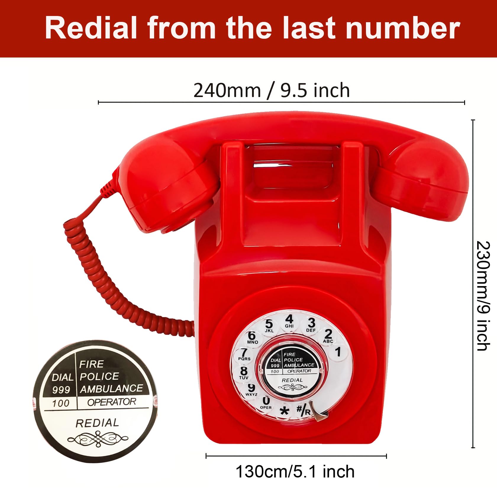 Teléfono de pared con cable con revisión, teléfono fijo retro rojo, teléfono de pared antiguo con remarcado para hogar, oficina, hotel, escuela, juego de teléfono con esfera giratoria clásico