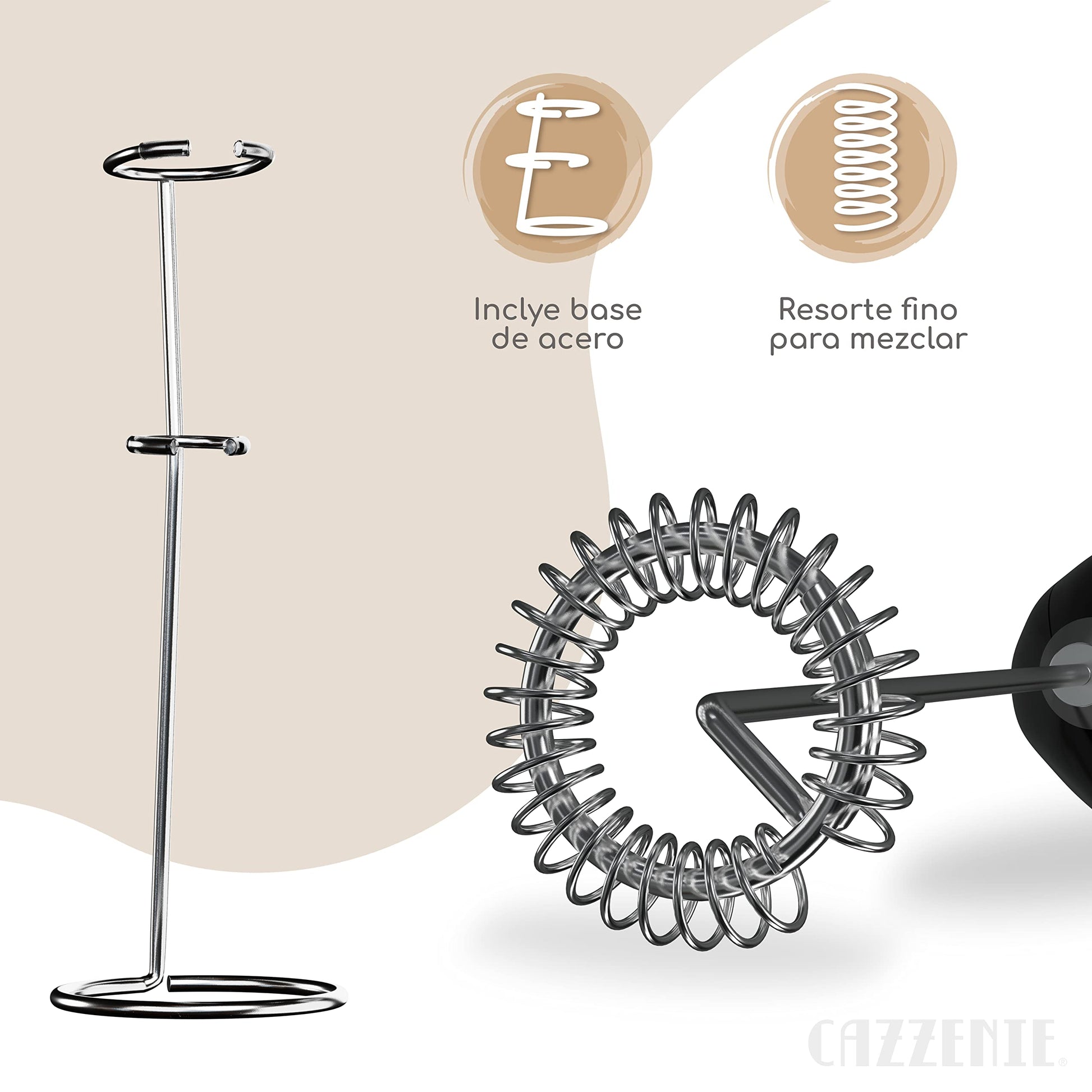 Cazzenie Espumador de Leche eléctrico con batidor y base. Batidor Premium de mano para café, capuchino o cócteles. Batidor de huevo o para tipo de bebidas en vaso o taza. Barista. Milk Frother