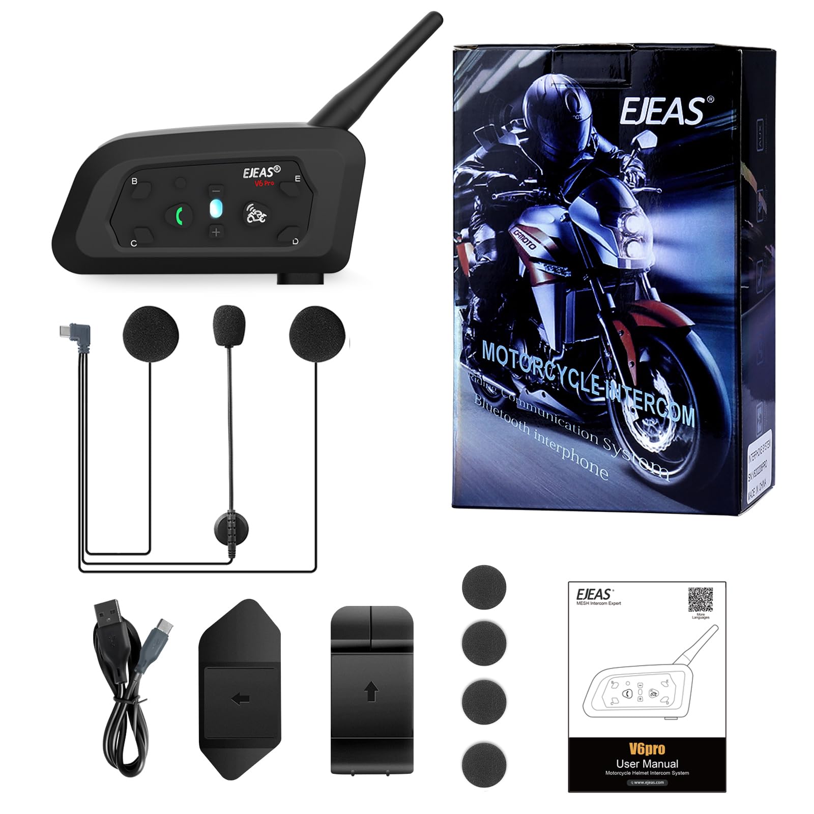 EJEAS V6 Pro Intercomunicador para Casco de Moto, 2 Riders 1200M Sistema de Comunicación Universal con Cancelación de Ruido y Resistente al Agua para Dirt Bike/ATV/Moto de Nieve (1PC)