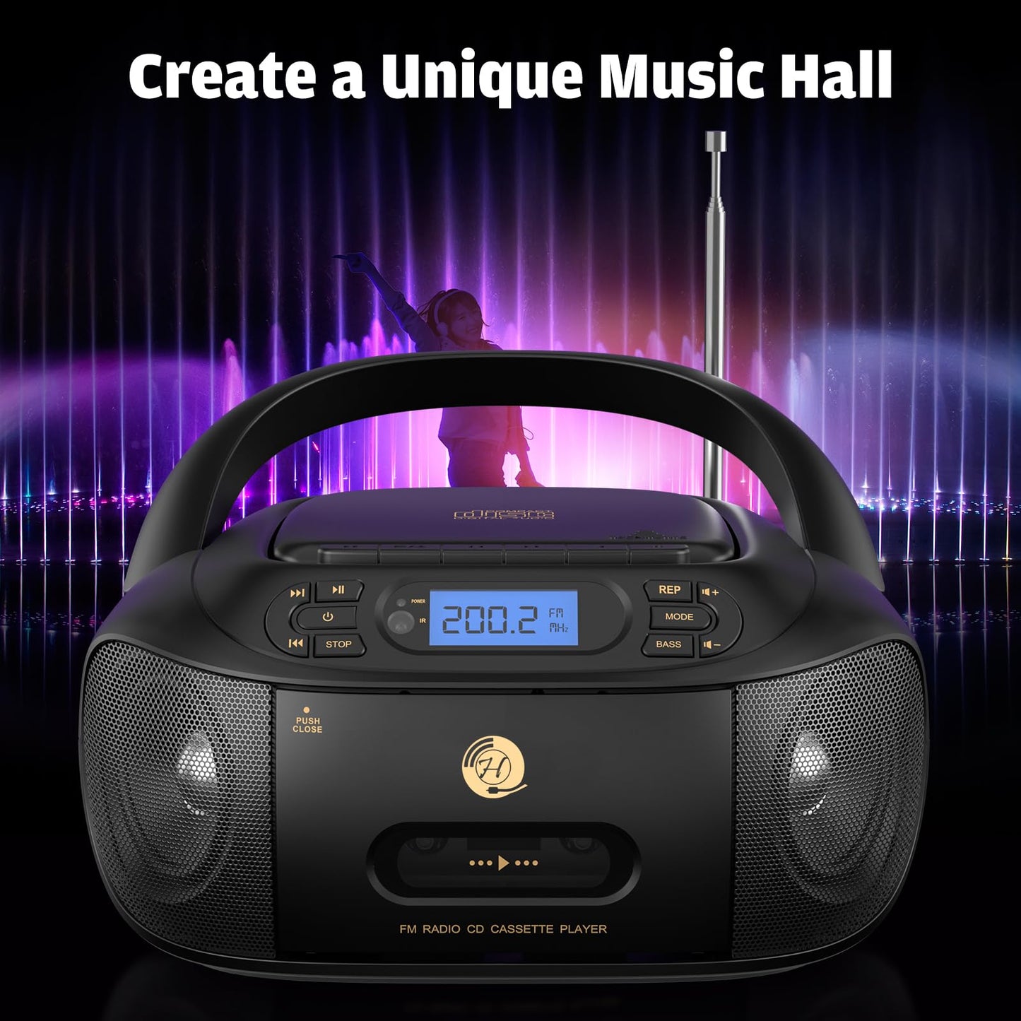 Hernpark - Combo de reproductor de casete de CD, caja de boombox recargable con Bluetooth 5.1, grabación de cinta, radio FM, súper graves, sonido estéreo, unidad auxiliar/USB, conector de auriculares,