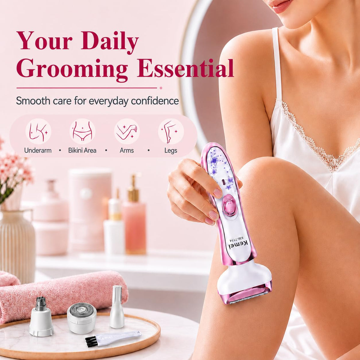 KEMEI 7114 - Maquinilla de afeitar eléctrica para mujer, 4 en 1, removedor de pelo indoloro para cara, cejas, nariz y bikini, recargable en húmedo y seco, color rosa