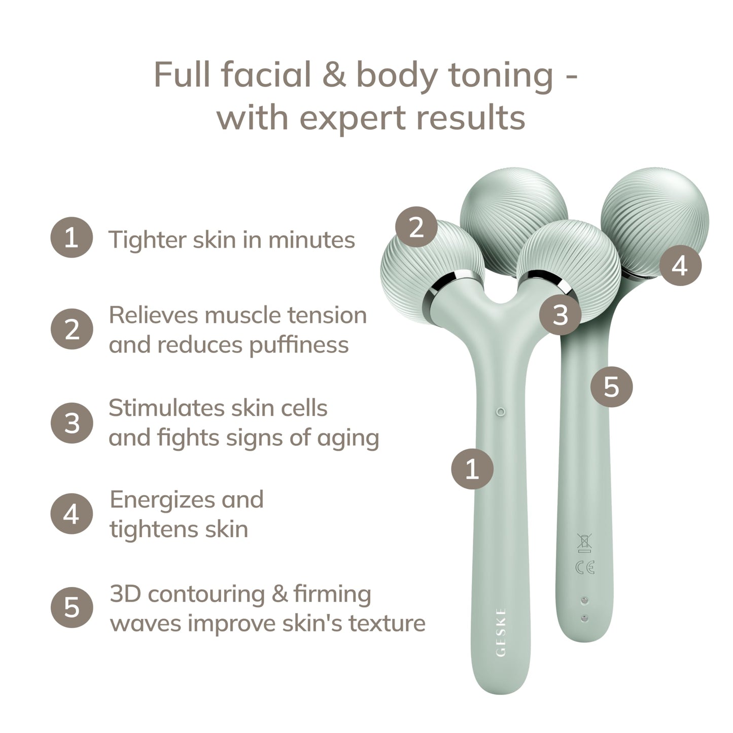 GESKE | Rodillo facial y corporal sónico SmartAppGuided™ | 4 en 1 | rodillo derma | Dispositivo para rostro y cuerpo | rodillo derma | Rodillo facial profesional | Reafirma y define cuerpo y rostro