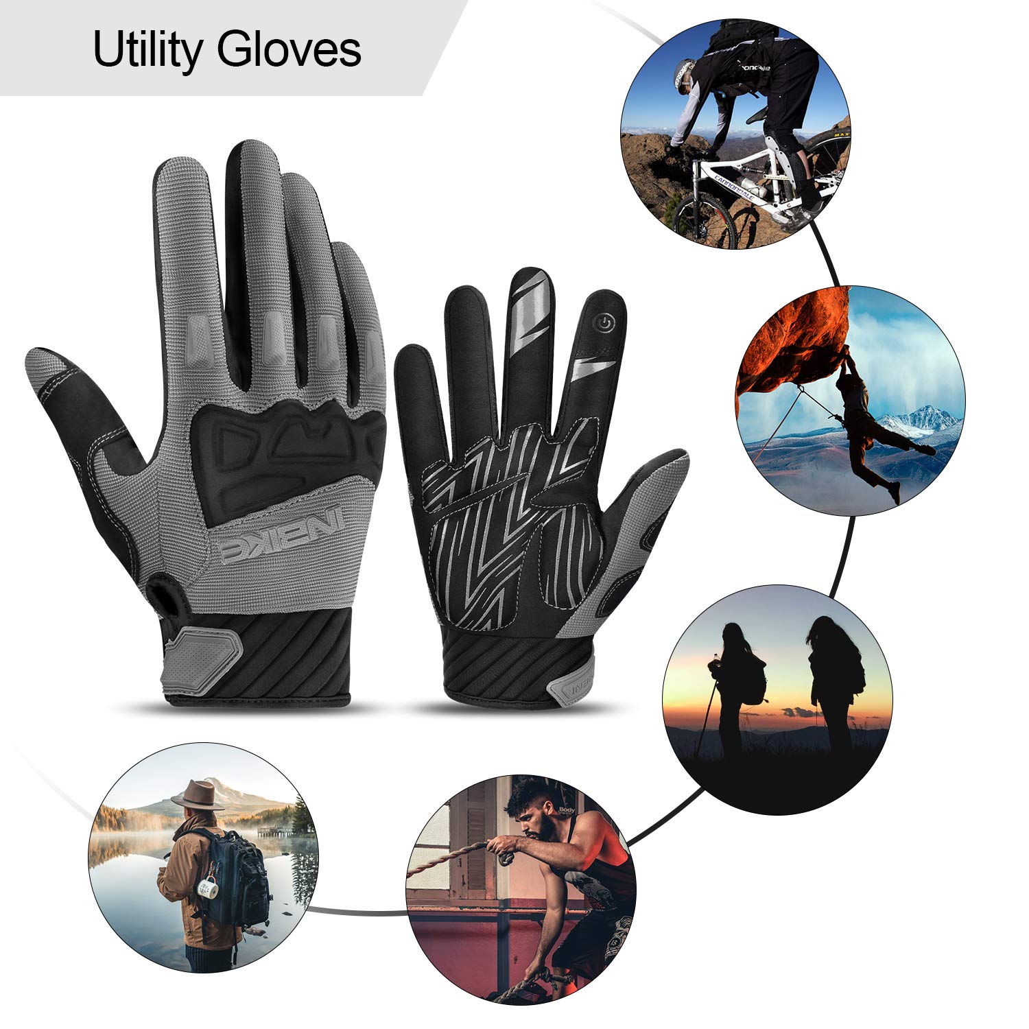 INBIKE - Guantes de bicicleta de montaña para hombre, gris, resistentes al desgaste, antideslizantes y resistentes a los golpes, acolchados, transpirables, con soporte de pantalla táctil