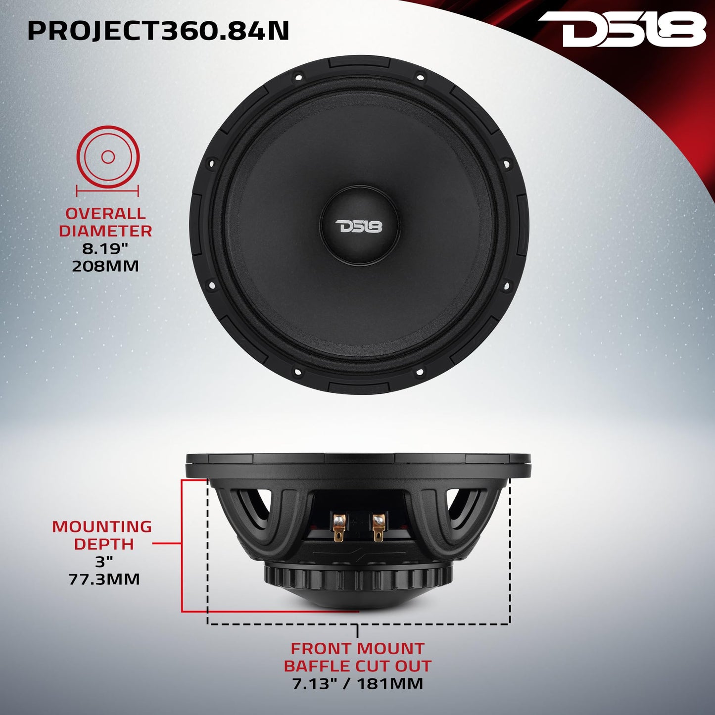 DS18 PROJECT360 Altavoz de alta sensibilidad de 8 pulgadas con imán de neodimio – 350 W RMS 4 ohmios – Diseño de recono giratorio para una reparación rápida