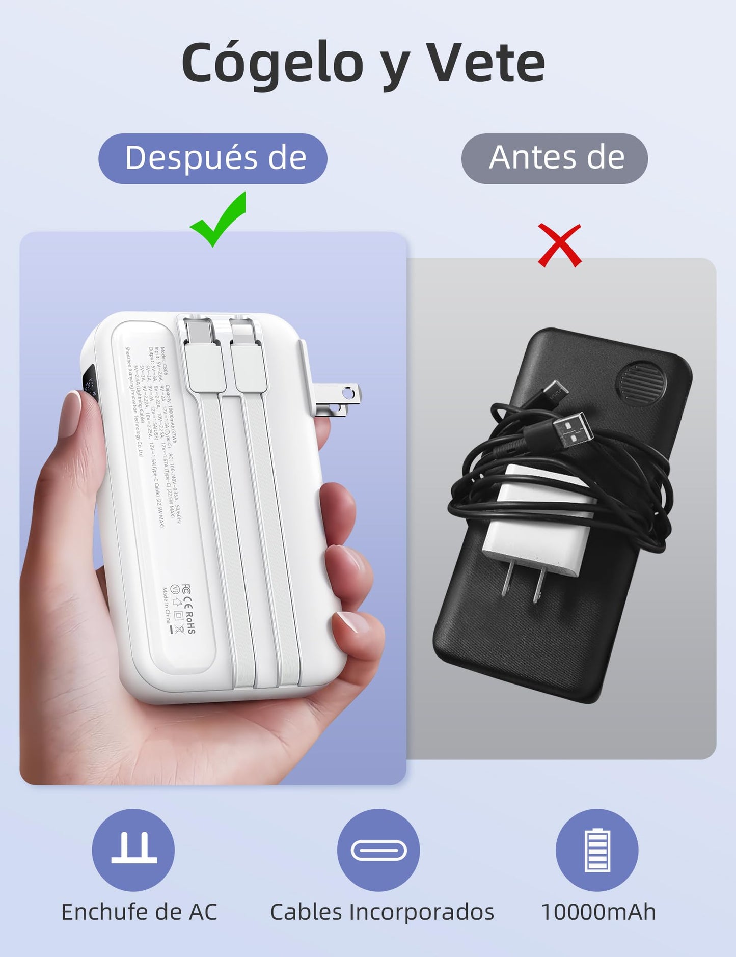 Power Bank RORRY Blanco Bateria Portatil 10000 mAh Pila con Enchufe AC Plegable y Cables Integrados