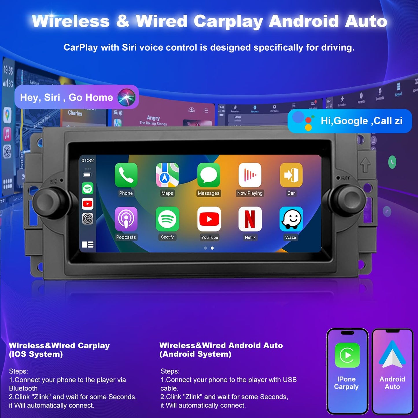 Radio de coche 5GWiFi para Dodge Ram 1500/2500/3500 2006-2008, Durango Charger 2005-2007, Jeep Grand Cherokee 2005-2007, Commander 2006-2010, visualización táctil estéreo inalámbrico Carplay Android