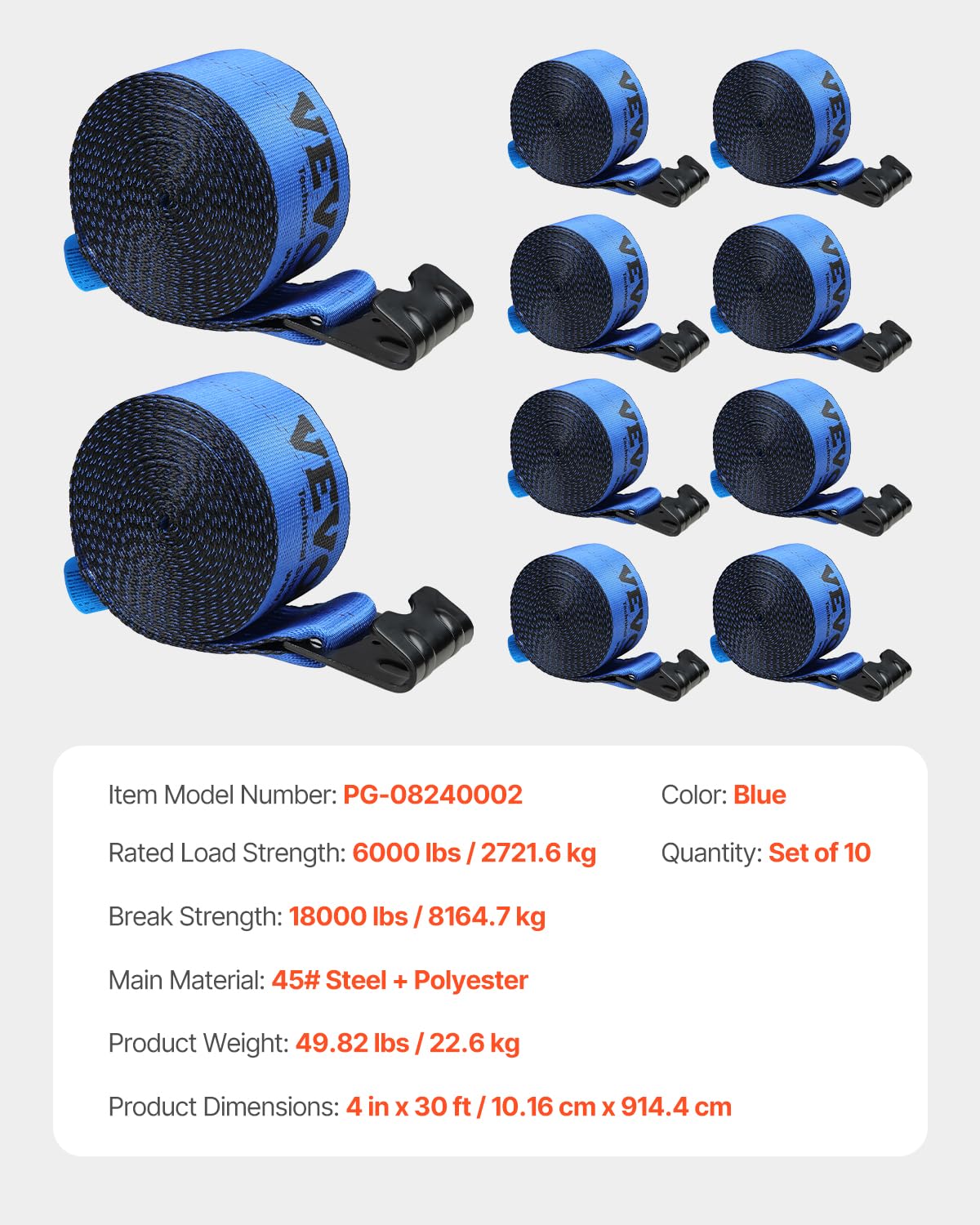 VEVOR - Correas para camión, 4 x 30 pies, Amarre Resistente con Ganchos Planos de 18 Libras, Resistencia a la Rotura, WLL# 6000 Libras, Correas de Carga amarradas para Camas Planas, Camiones,