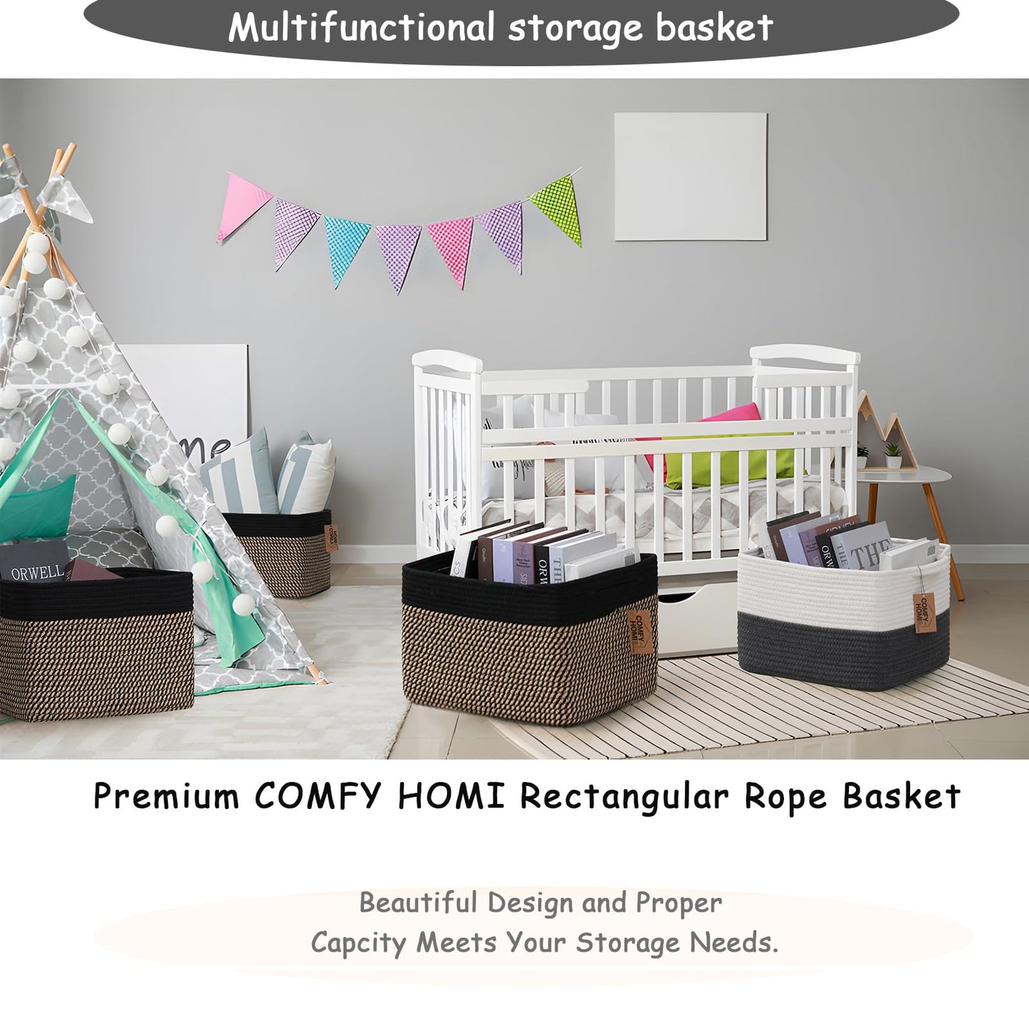 COMFY-HOMI Paquete de 3 cestas cuadradas de cuerda de algodón con asas para estantes | Recipiente para juguetes de perro y almacenamiento | Regalo para bebé | Organizador de zapatos | Nuevo de 13.5 x