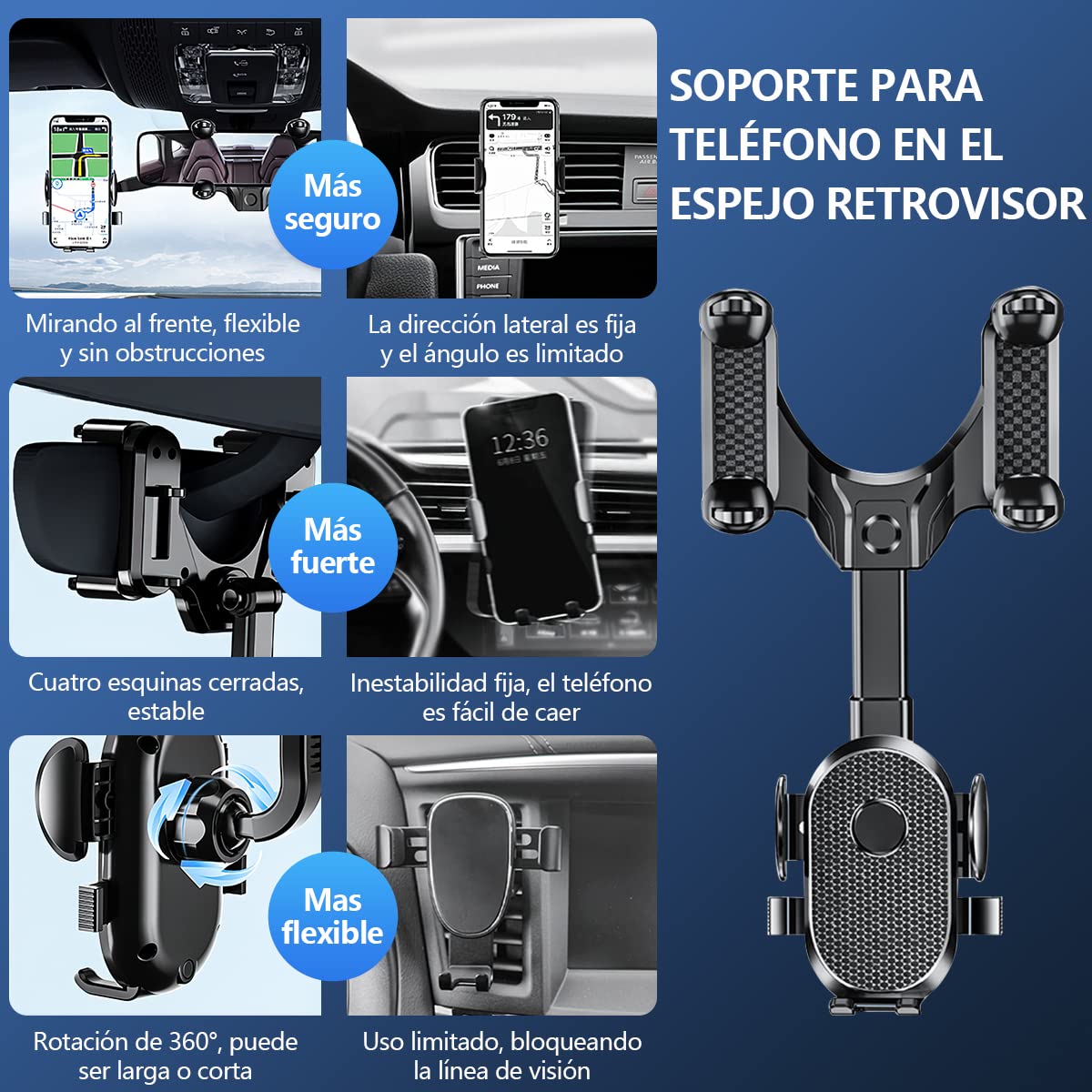 LONGLIV Soporte Celular Auto, Soporte de Teléfono Giratorio y Retráctil de 360°, Multipropó Sito, se Puede Utilizar en los Espejos Retrovisores del Coche, Compatible con iPhone, Xiaomi, Redmi, Huawei