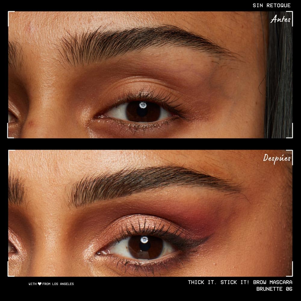 NYX Professional Makeup, Thick It Stick It! Gel de cejas con color, 7ml. Tono: Brunette. Mascara de cejas con microfibras que rellena, da volumen y fija las cejas hasta por 16 horas. Fórmula vegana.
