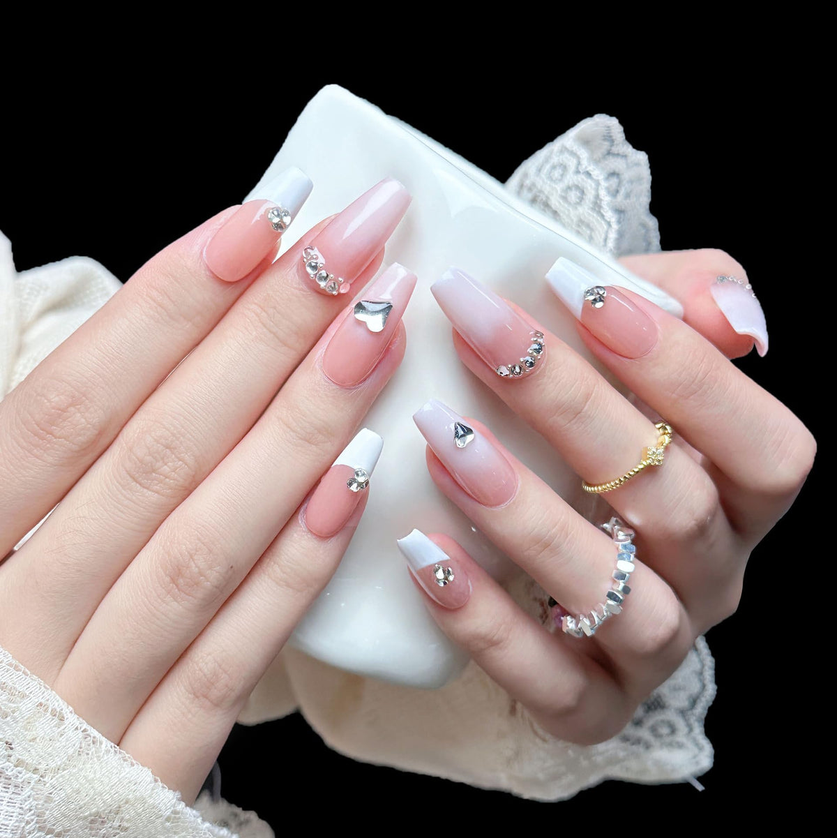 PHYLIN LEAF Uñas Postizas De Presión Impress French, Tamaño Mediano, Forma Cuadrada De Ataúd, Manicura Con Cristales 3D Blancos Y Rosas (Talla S).
