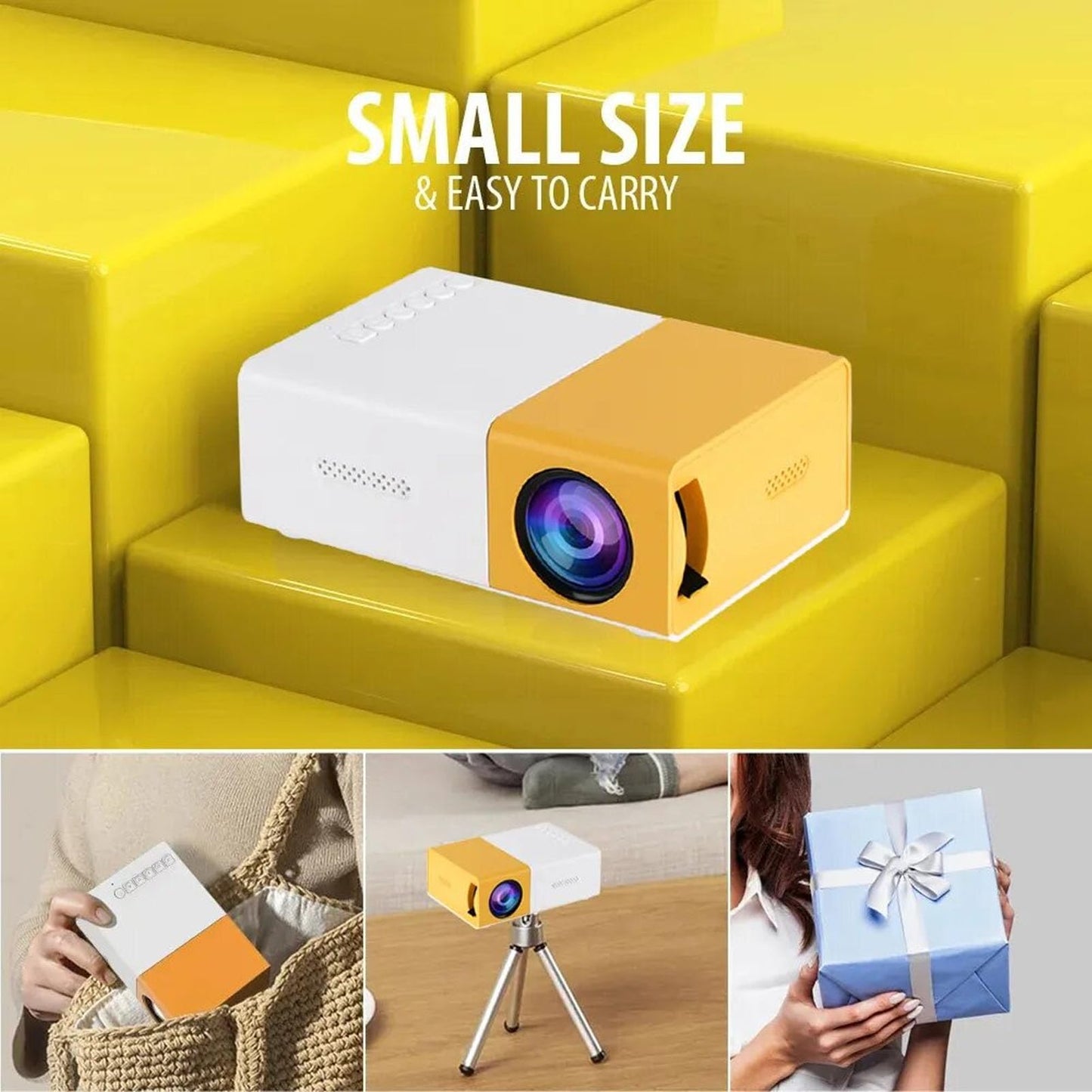 GOWENIC Mini Proyector Full HD 1080P Amarillo - LED para Reuniones Familiares, Campamentos - Compatible Con HDMI, USB, Audio