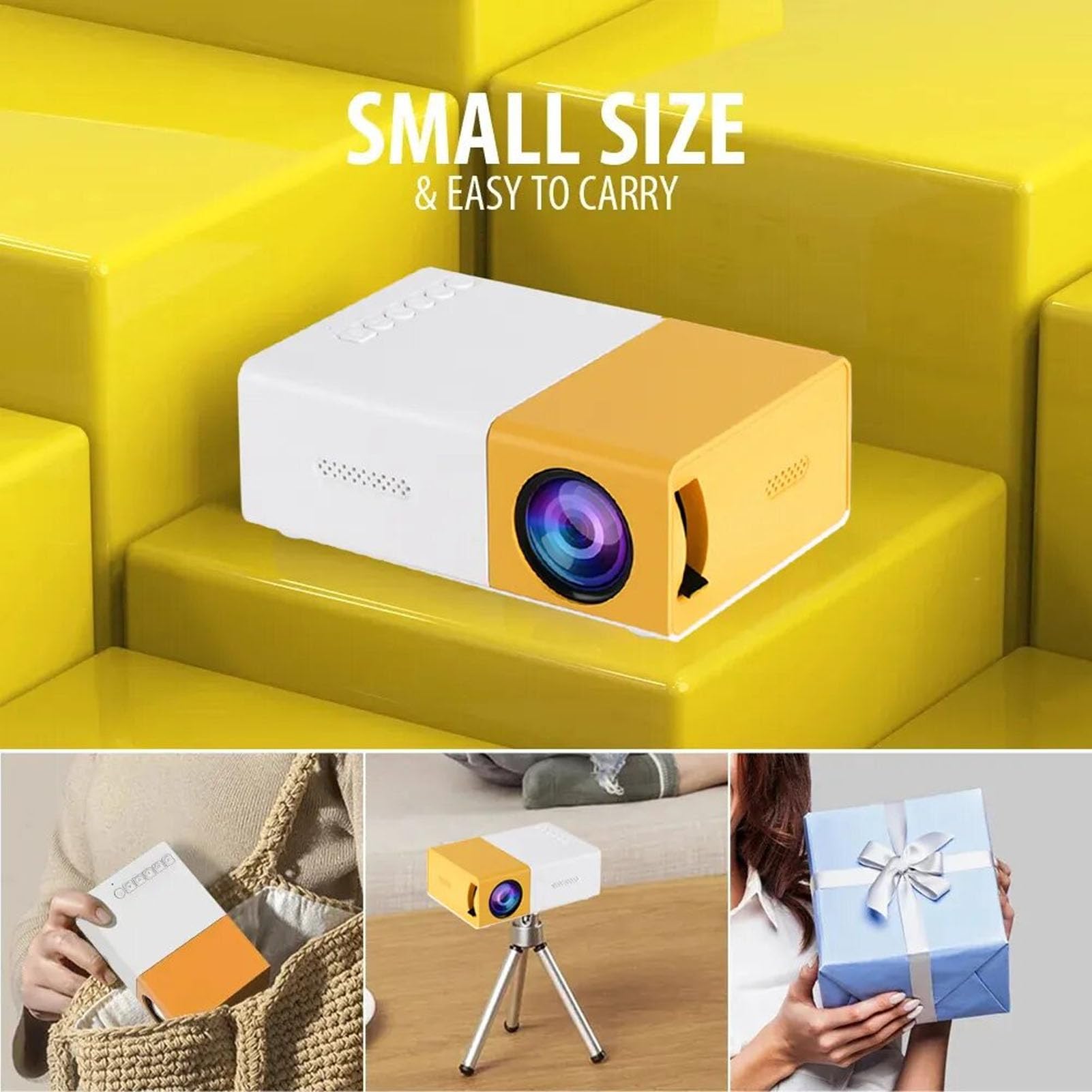 GOWENIC Mini Proyector Full HD 1080P Amarillo - LED para Reuniones Familiares, Campamentos - Compatible Con HDMI, USB, Audio