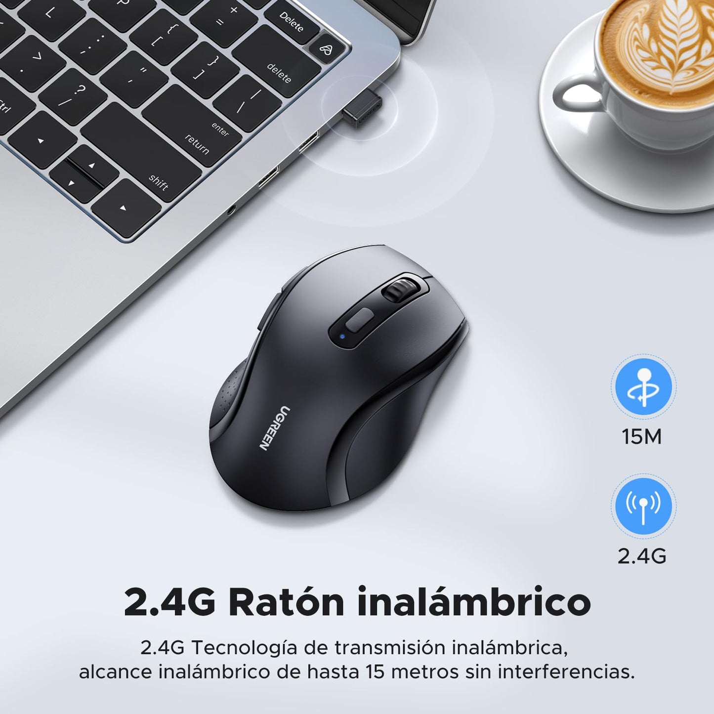 Mouse Inalámbrico UGREEN Negro Ergonómico con DPI Ajustable para PC y Portátil