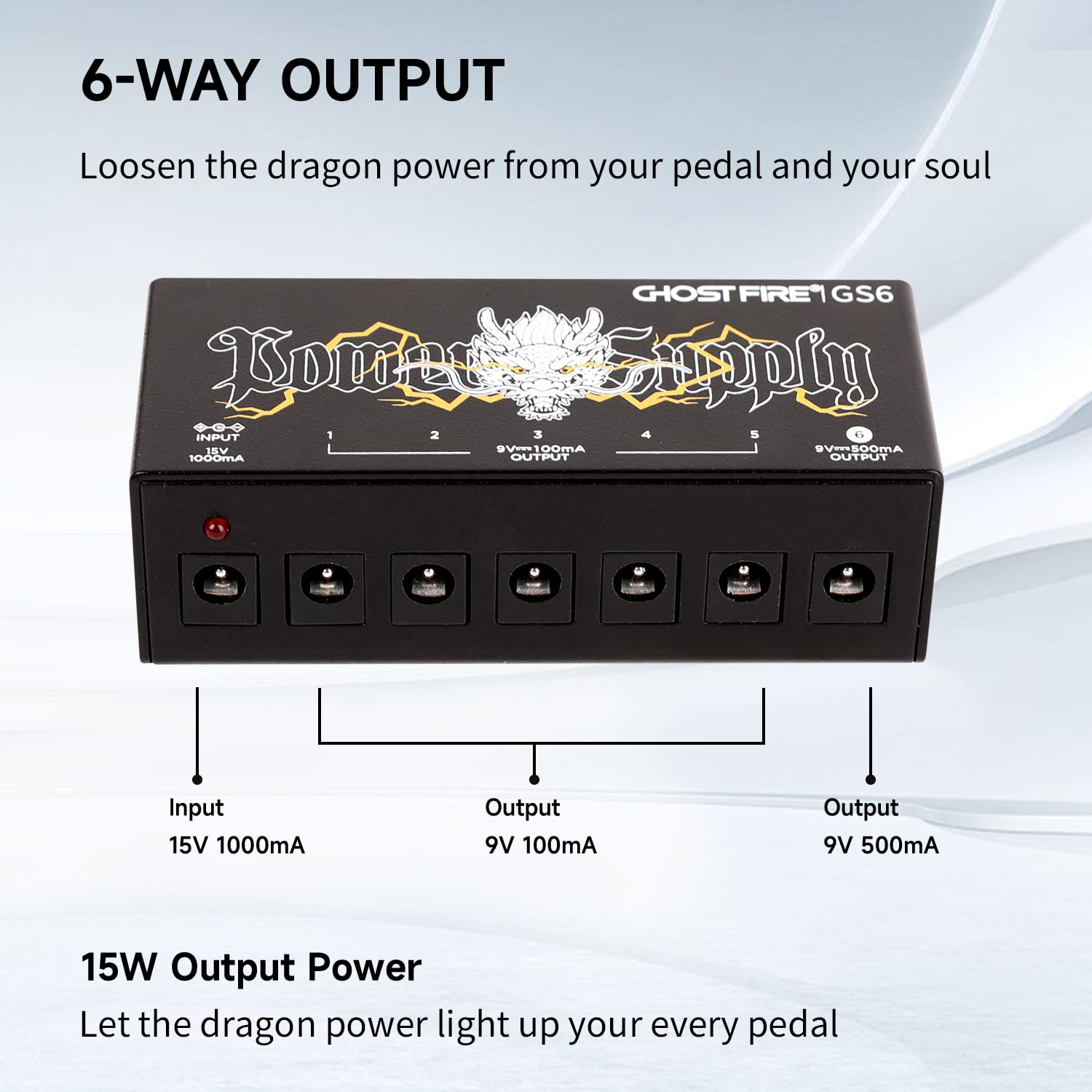 GHOSTFIRE GS6 - Fuente de alimentación compacta y negra para pedal de guitarra de alta corriente 9V/1000mA para pedales de efecto 9V/12V/18V