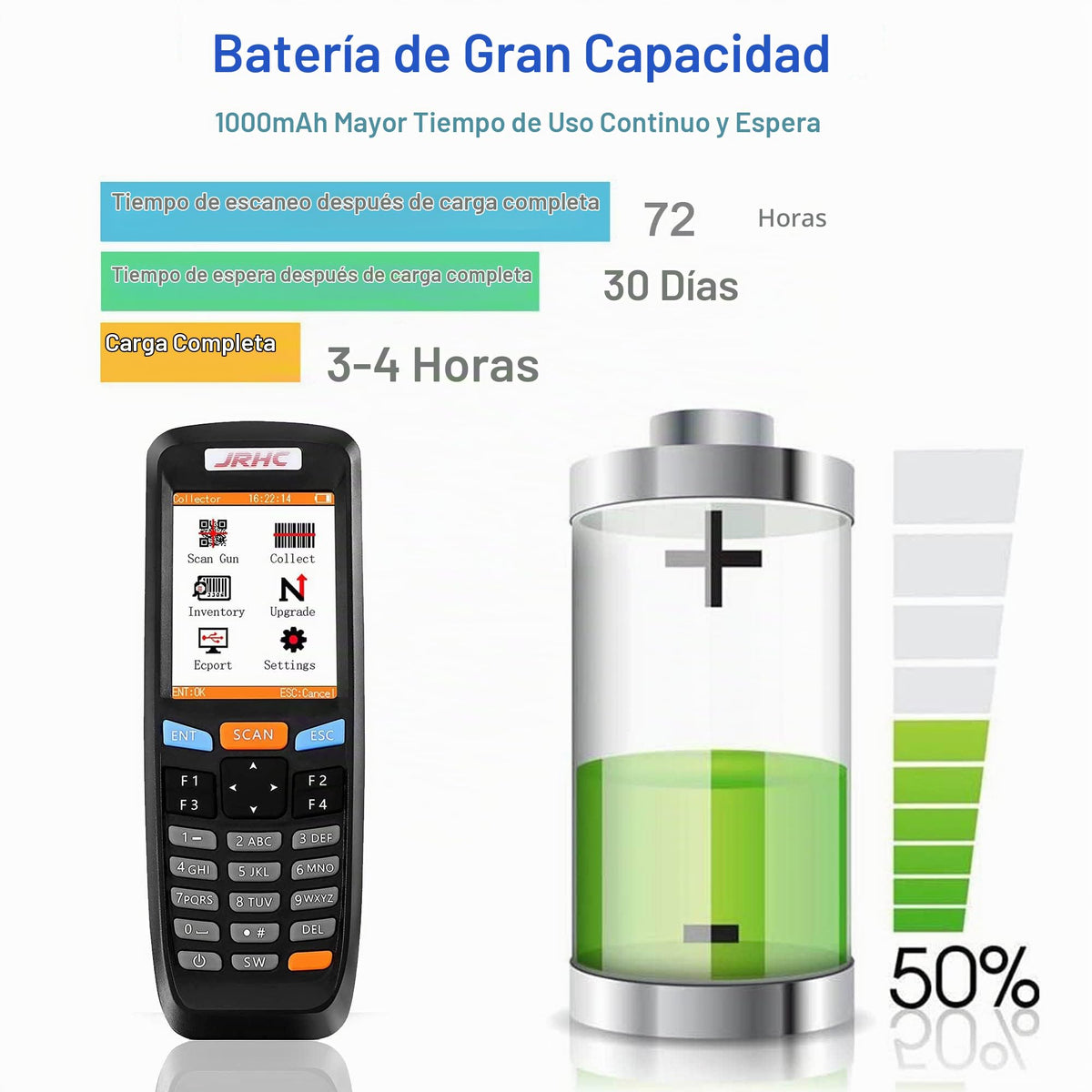 Escáner de Código de Barras 1D JRHC Inalámbrico con Recolector de Datos de Visualización para Tienda