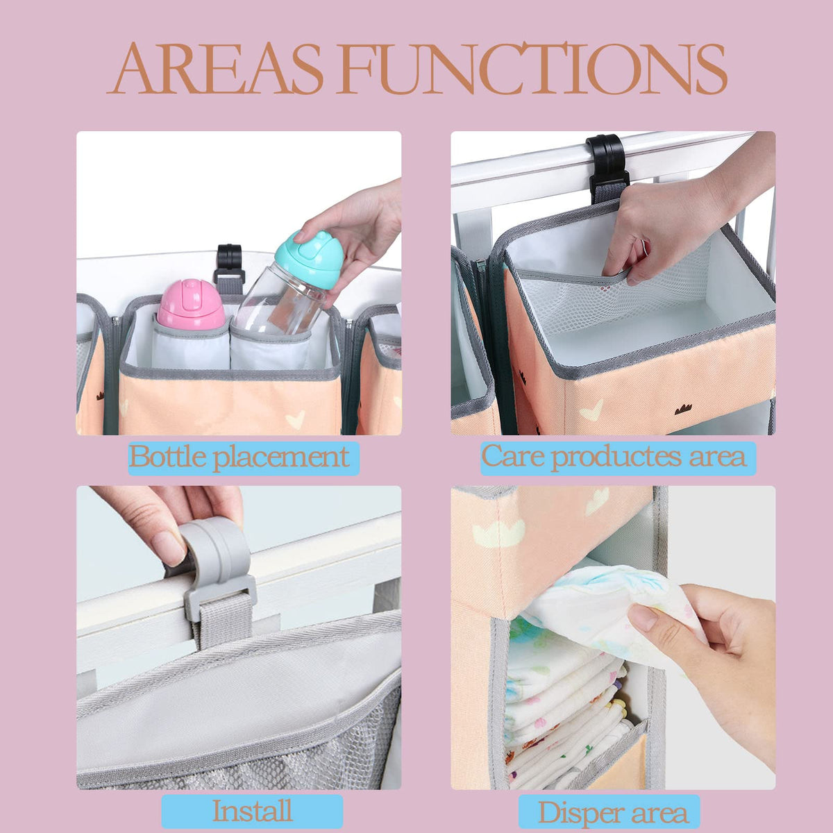 TOCKONIMN Organizador de pañales colgante para cuna de bebé, apilador de pañales 3 en 1 para cambiador, organización de guardería, soporte de almacenamiento para artículos esenciales para bebé, accesorio portátil de combinación de ropa (rosa)