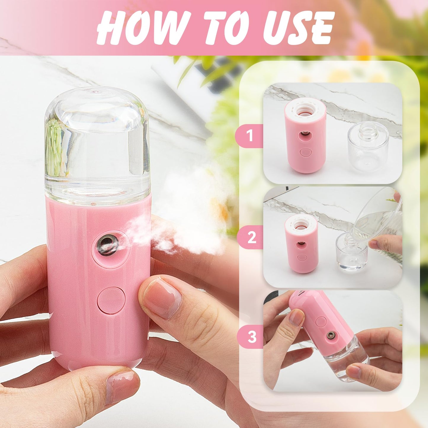 Paquete de 2 rociadores faciales Nano, vaporizadores faciales frescos portátiles, Mini Nano Mister para hidratación facial, (rosa)